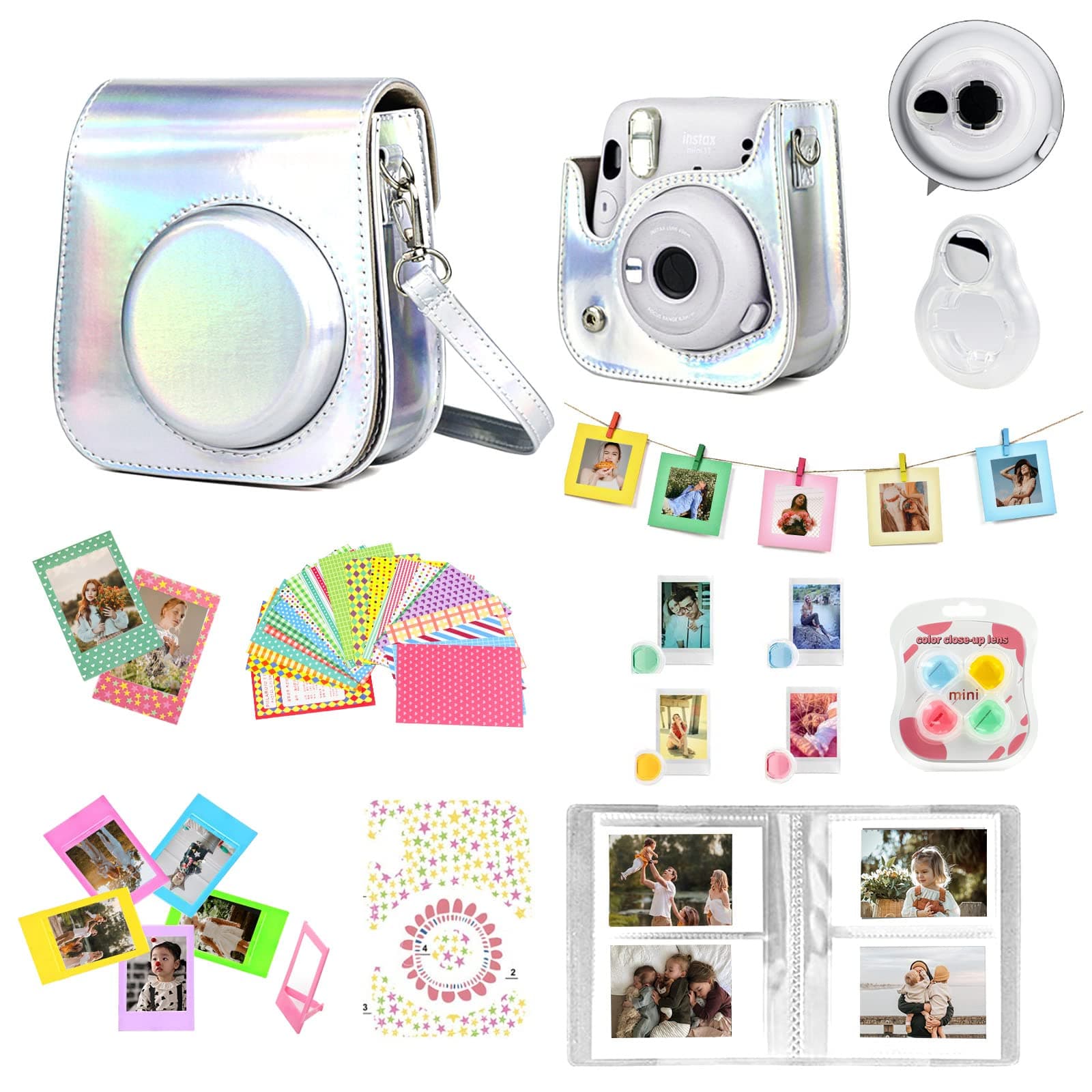 WOGOZAN Mini 11 Accessories for Fujifilm Instax Mini 11 Instant Camera Include Case, Color Filters, Photo Album, 2x3 Frames, Selfie Lens and Stickers (Magic Silver)(No Camera)