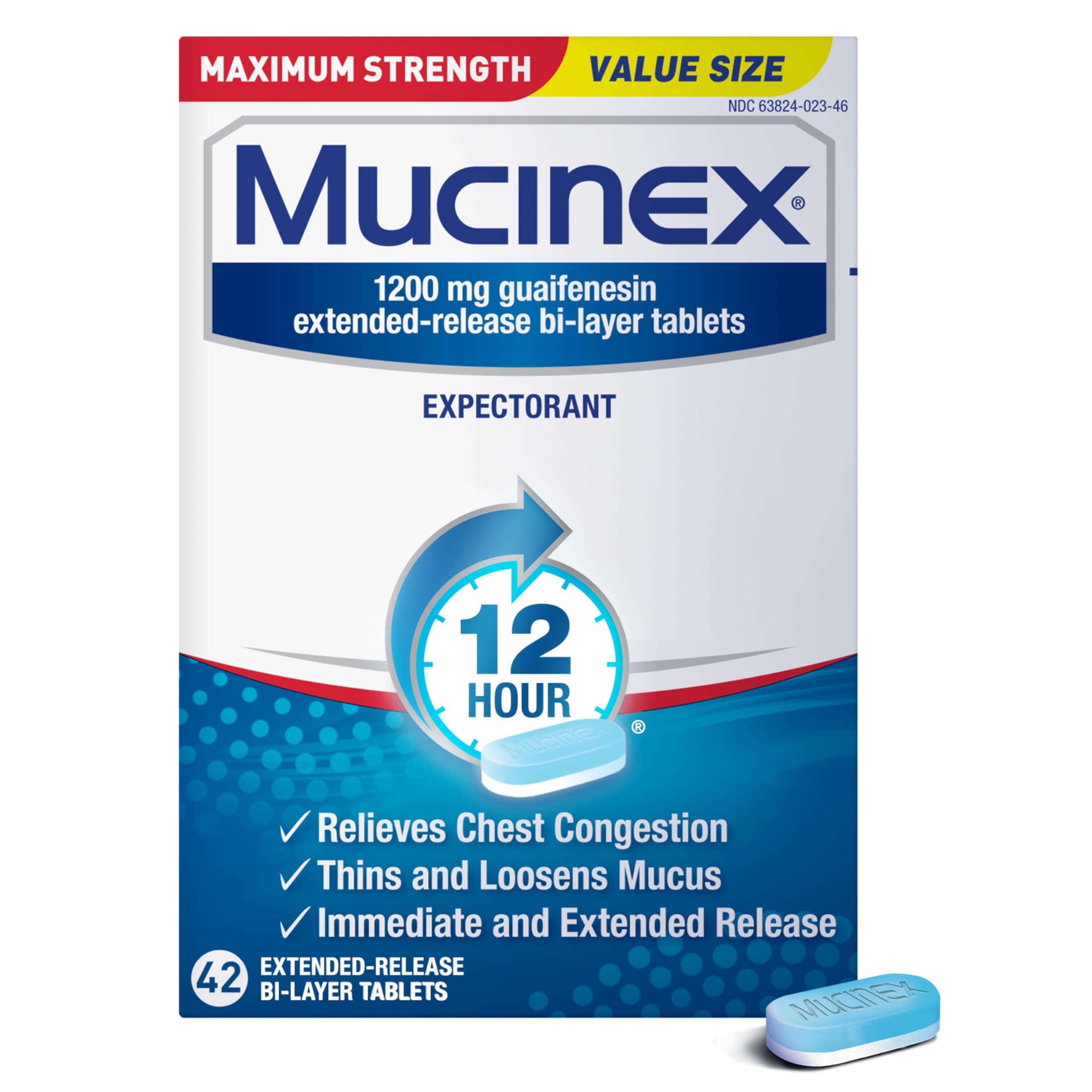 Chest Congestion, Mucinex Maximum Strength 12 Hour Extended Release Tablets, 42ct, 1200 mg Guaifenesin with extended relief of chest congestion caused by excess mucus, thins and loosens mucus