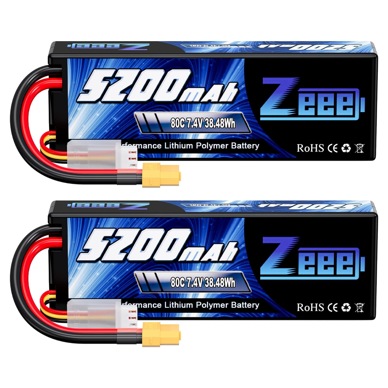Zeee 2S 5200mAh Lipo Battery 7.4V 80C Battery with XT60 Plug Hard Case for 1/8 1/10 RC Vehicles Car Slash RC Buggy Truggy Airplane UAV Drone(2 Packs)