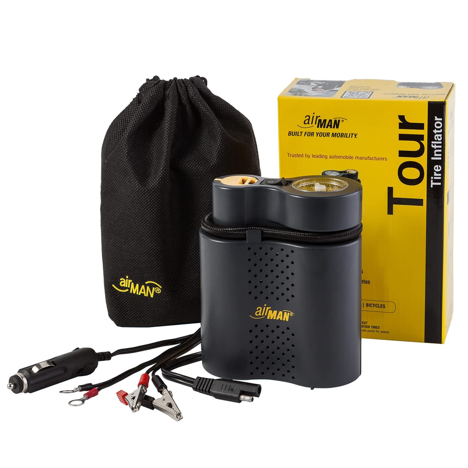 AirMan Tour Adventure Compact Air Compressor with SAE,Crocdile Clips,Terminal Rings and 12v Cigarette Socket Connectivity,Black