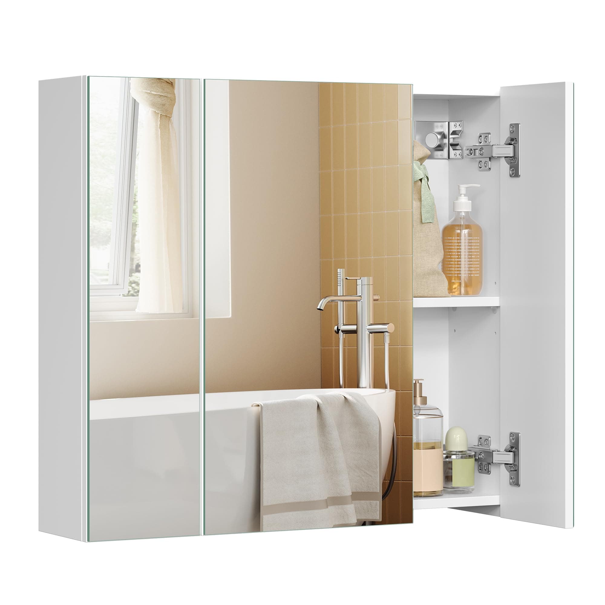 VASAGLE BBK22WT Bathroom Wall Cabinet with Mirror, 3 Door Storage Unit, 60 x 15 x 55 cm, with Adjustable Shelf, Modern, White BBK22WT