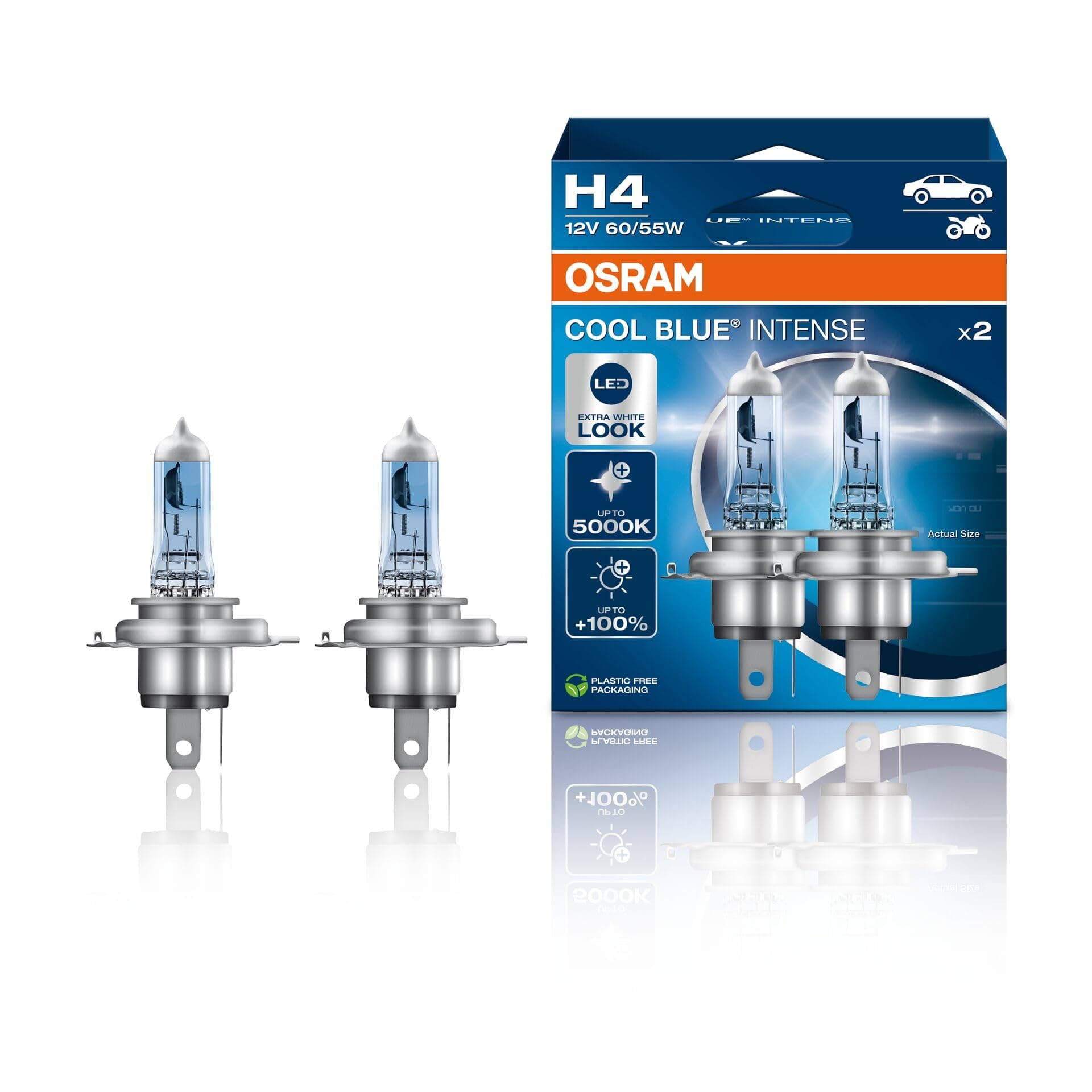 OSRAM COOL BLUE INTENSE H4, 100% more brightness, up to 5,000K, halogen headlight lamp, LED look, duo box (2 lamps) 64193CBN-HCB