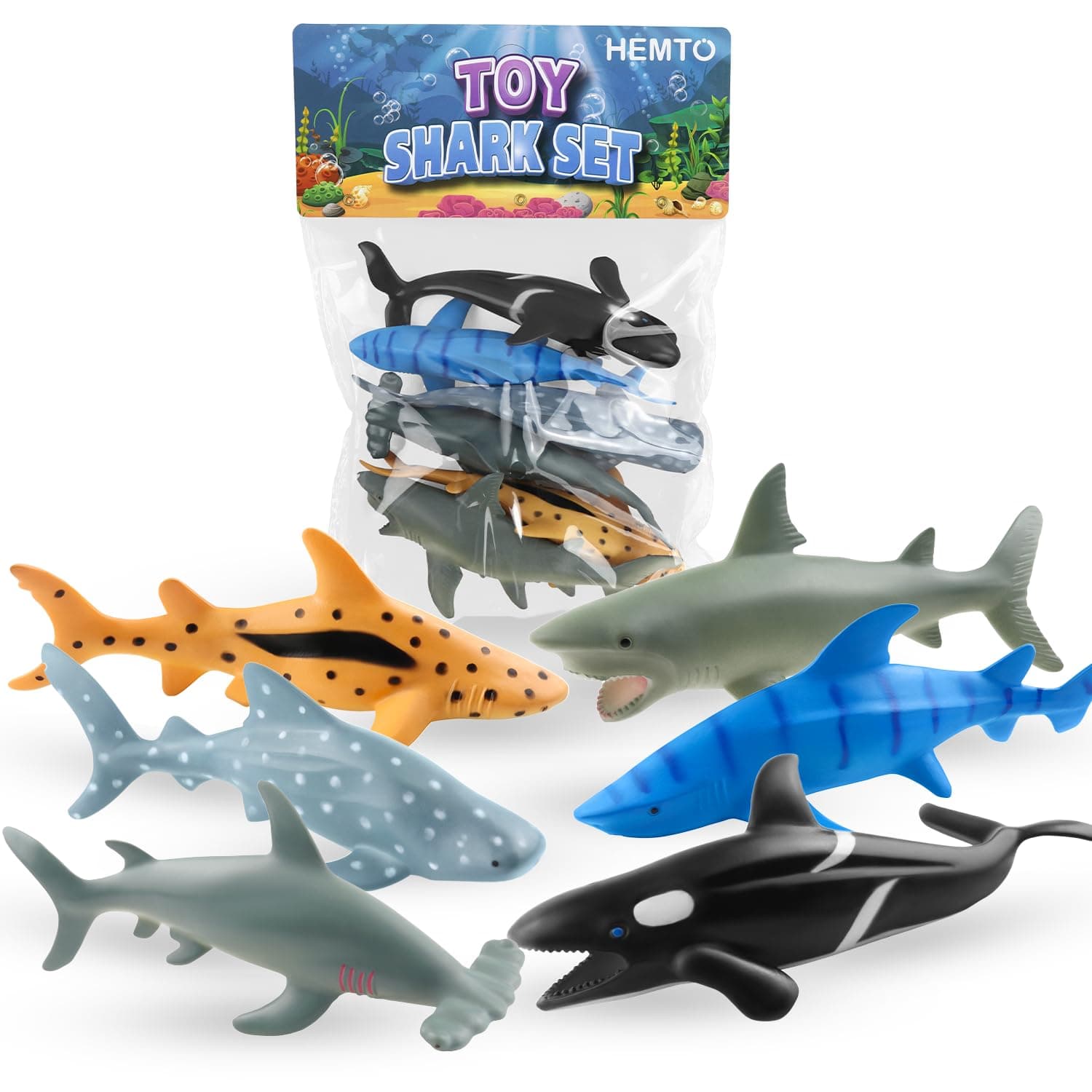 Toy Shark Set (6 Pack) – Educational Bath Toys – Realistic Ocean Creatures Playset with Great White, Orca Whale – Figure Set for Children and Toddlers