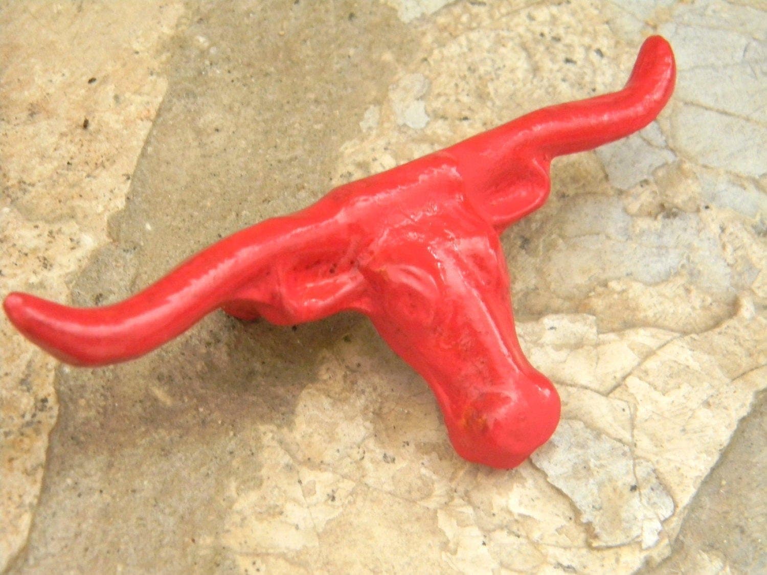Red Knob, Cast Iron Steer Skull Pull, Drawer and Dresser Cabinet Handle