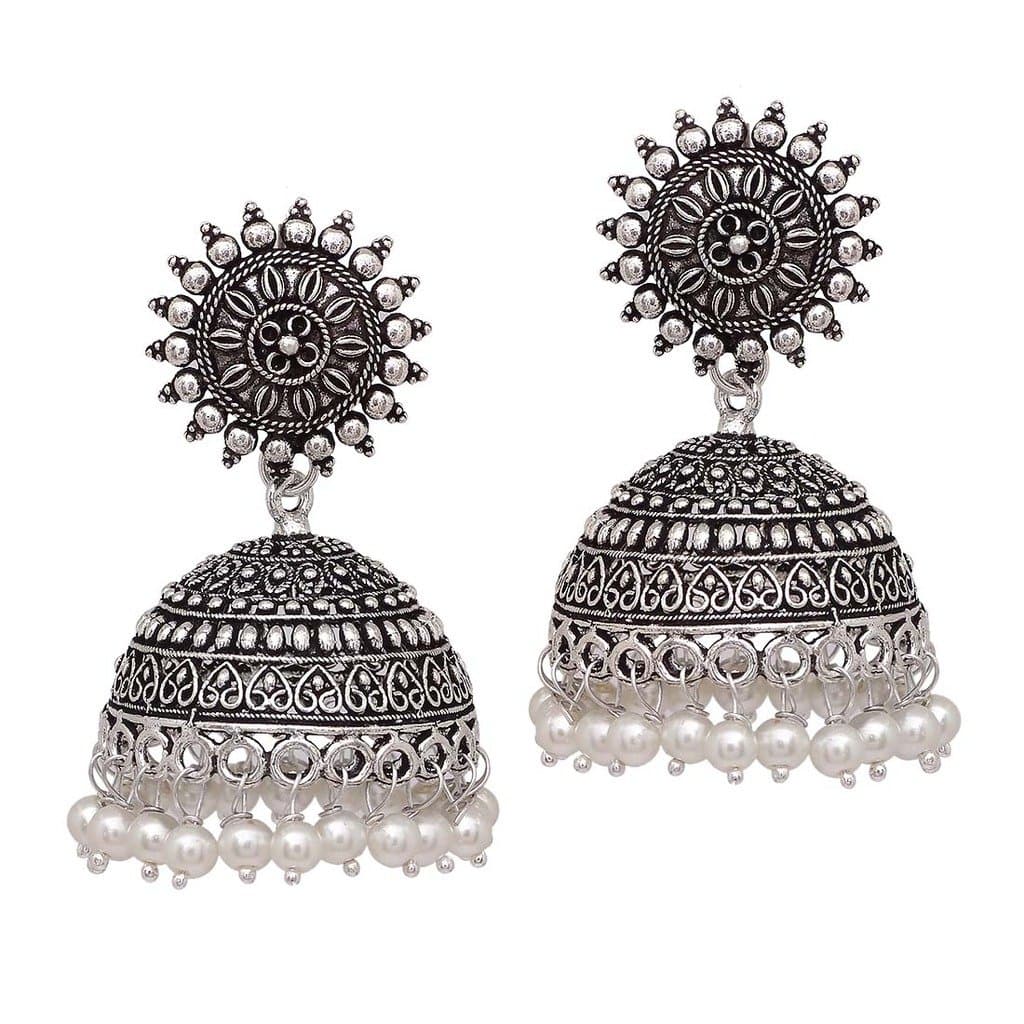 V L IMPEX Sun Shape Lightweight With Pearl Beads Silver Plating Oxidised Girls Jhumki Jhumka Earring