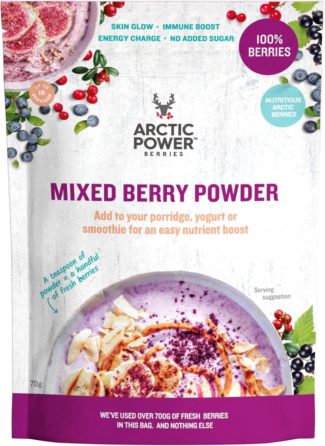 Berries Mixed Berry Powder 70g, Nutrient rich wild-grown berries from Nordic forests, 100% Natural, Delicious nutrient boost for breakfast bowls, smoothies, porridge, yogurt - Vegan