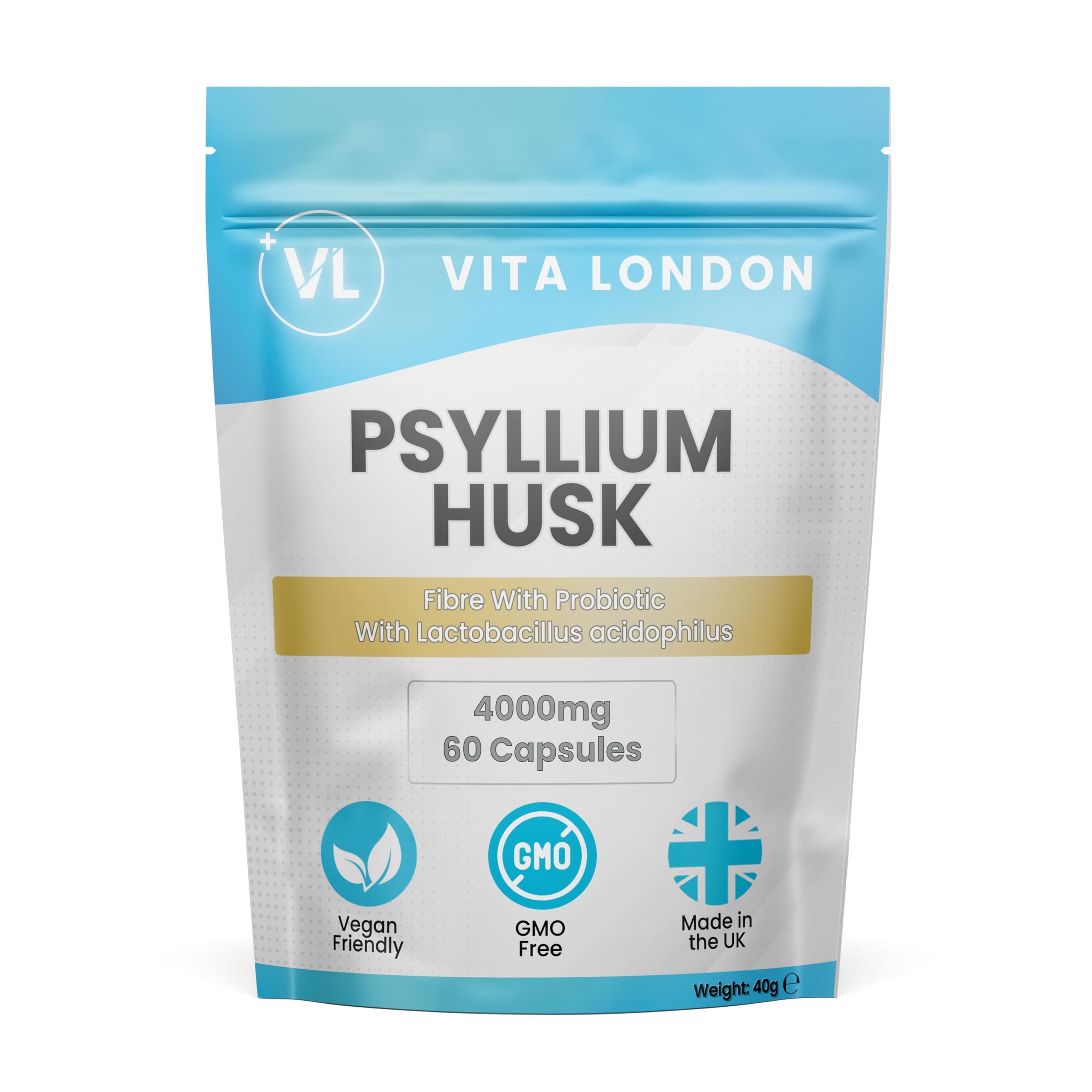 Psyllium Husk 4000mg Fibre Supplement – 60 High Strength Vegan Capsules (Easy Swallow) with Acidophilus Probiotics – Vita London Digestive Health Formula for Men & Women – Made in UK