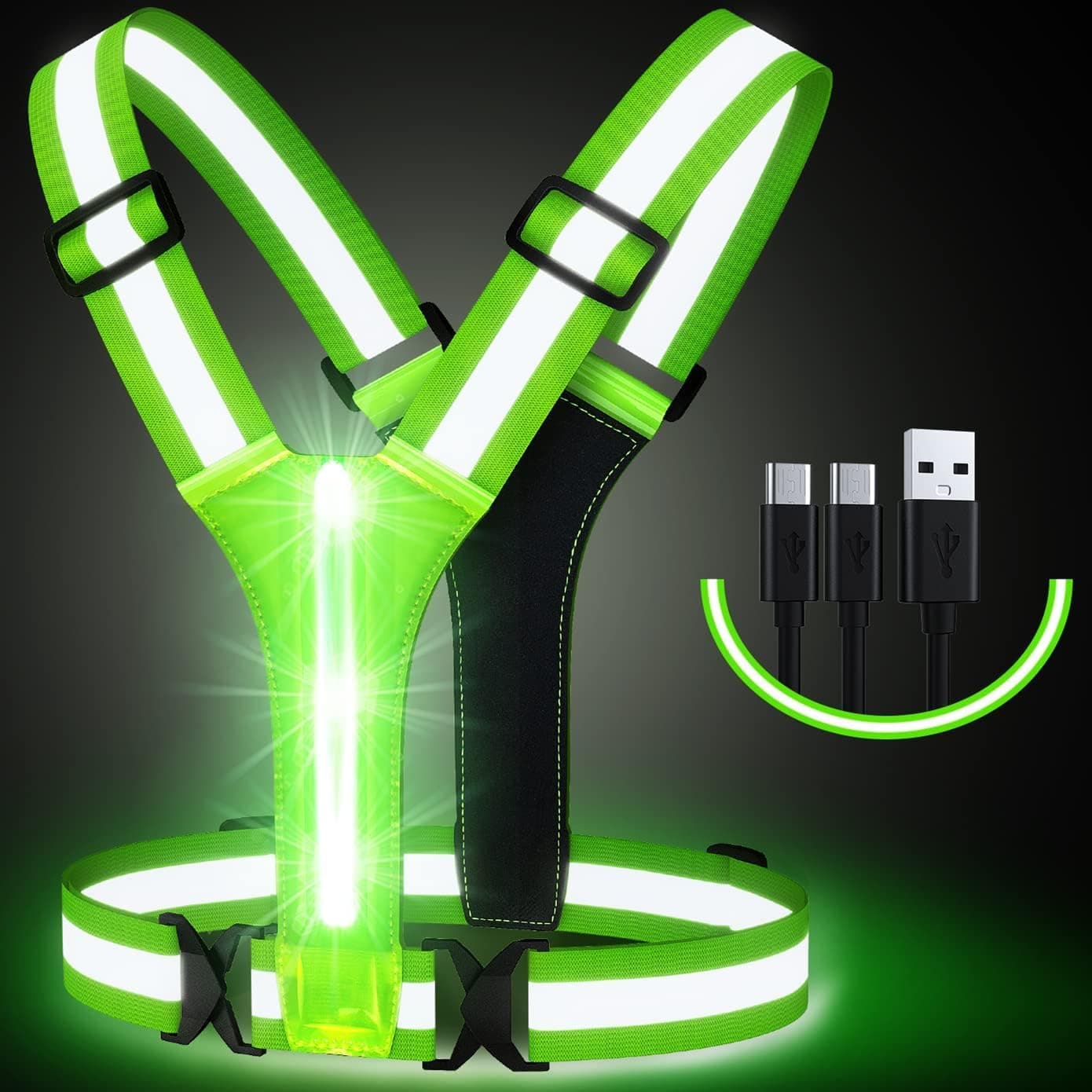 Led Reflective Vest Running Gear, High Visibility Reflective Running Gear Rechargeable Adjustable Led Running Vest, Safety Night Running Gear for Men Women