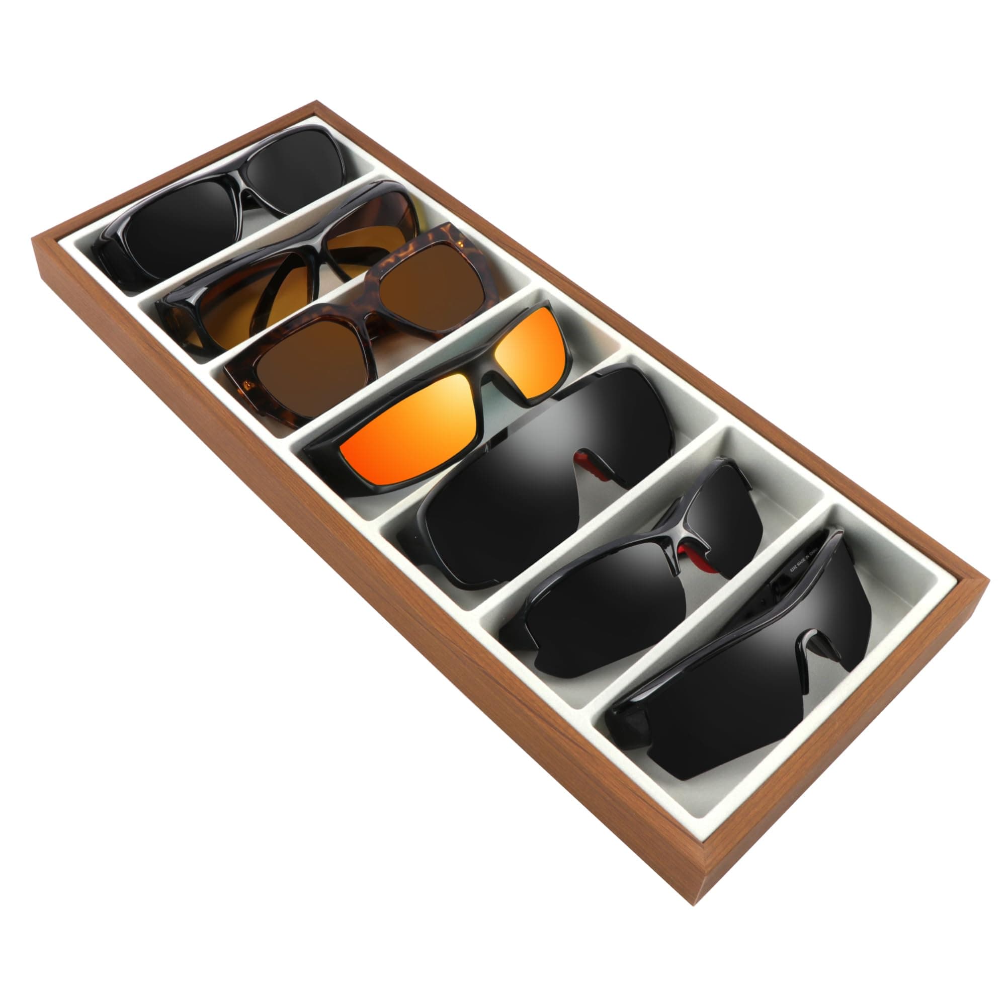 Homeanda Wooden Sunglasses Organizer Tray, Eyeglasses Display Case, Sun Glasses Storage Box, Eyewear Jewelry Tray, Wood Frame Glasses Holder (7 Grids)