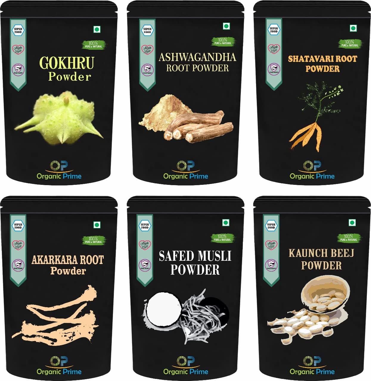 Organic Prime Pack Of 6 Akarkara, Gokhru, Safed Musli, Kaunch, Ashwagandha and Shatavari Powder (200 GM Each) Combo Pack = 1200 GM By Organic Prime