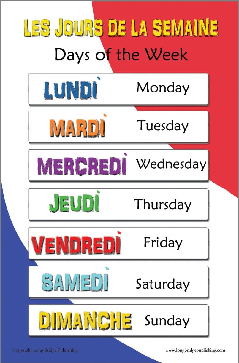Long Bridge Publishing French Language School Poster - Days of the Week Bilingual Chart (11x17 inches)