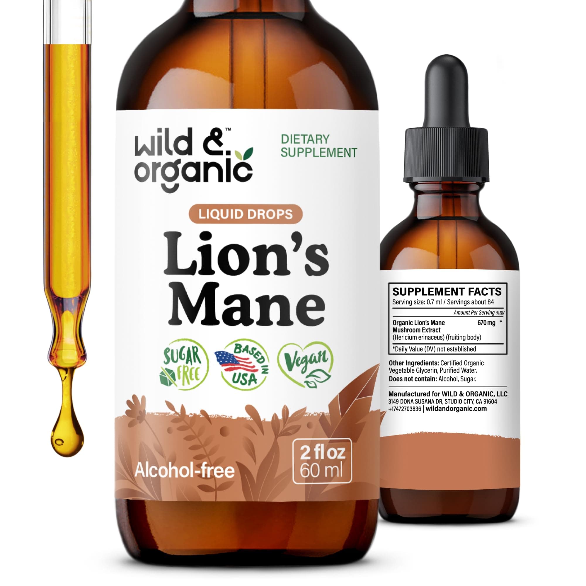 - Wild & Organic Lions Mane Liquid Drops - Focus & Brain Support - Lions Mane Supplement - Hericium Erinaceus Mushroom Extract Tincture - Vegan, Alcohol & Sugar-Free - 2 fl oz