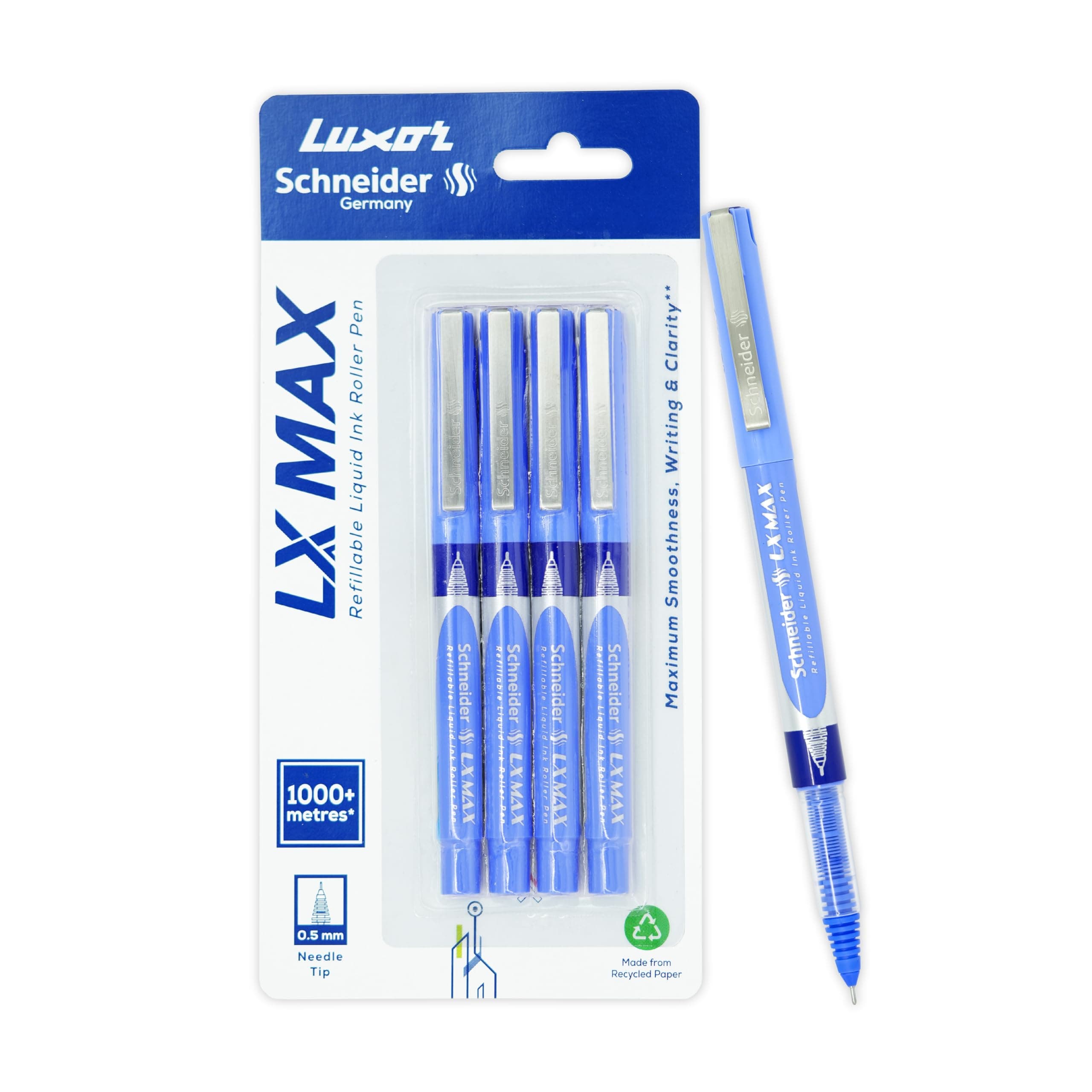 - Schneider, LX MAX roller ball pen, Pack of 4 - Blue, Needle Tip, 0.5mm, 100% German Technology, 1000+ mtrs writing length, Waterproof Ink, Ideal for Students & Professionals