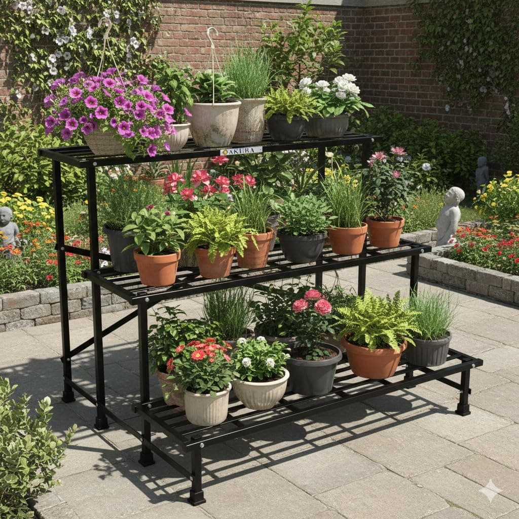 AKURA,3-Step Metal Gardening Stand/Planter Stand for Indoor &Outdoor Plant Pots(Steel Tube: 20 x 20 mm;Size:W-100cm x D-85cm x H-77.5cm) (Color - Black)