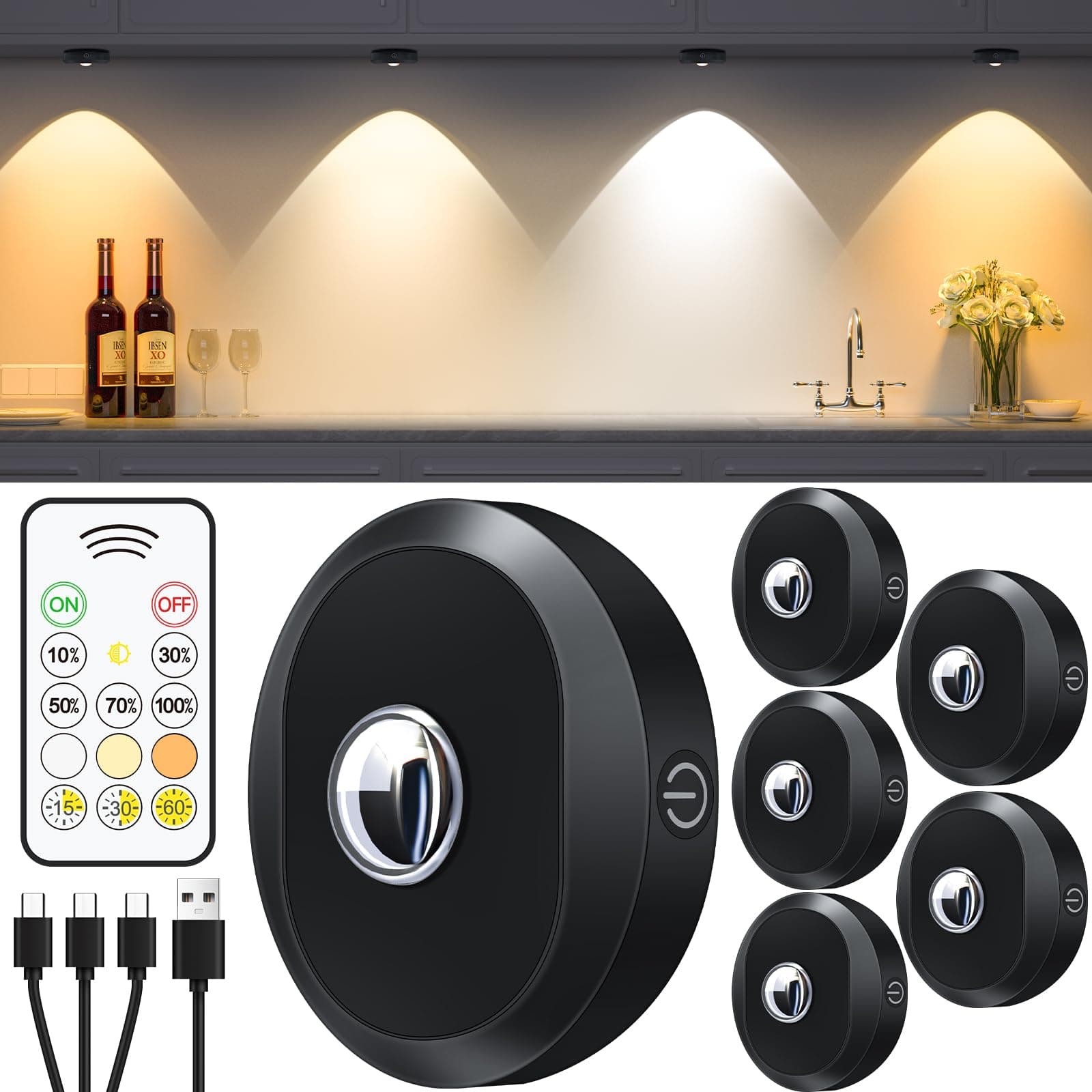 WILLED Puck Lights with Remote Control, Rechargeable Under Cabinet Lights, 1200mAh Battery Operated Tap Lights, Dimmable Push Lighting, Wireless Closet Light, LED USB Stick On Light (6 Pack)