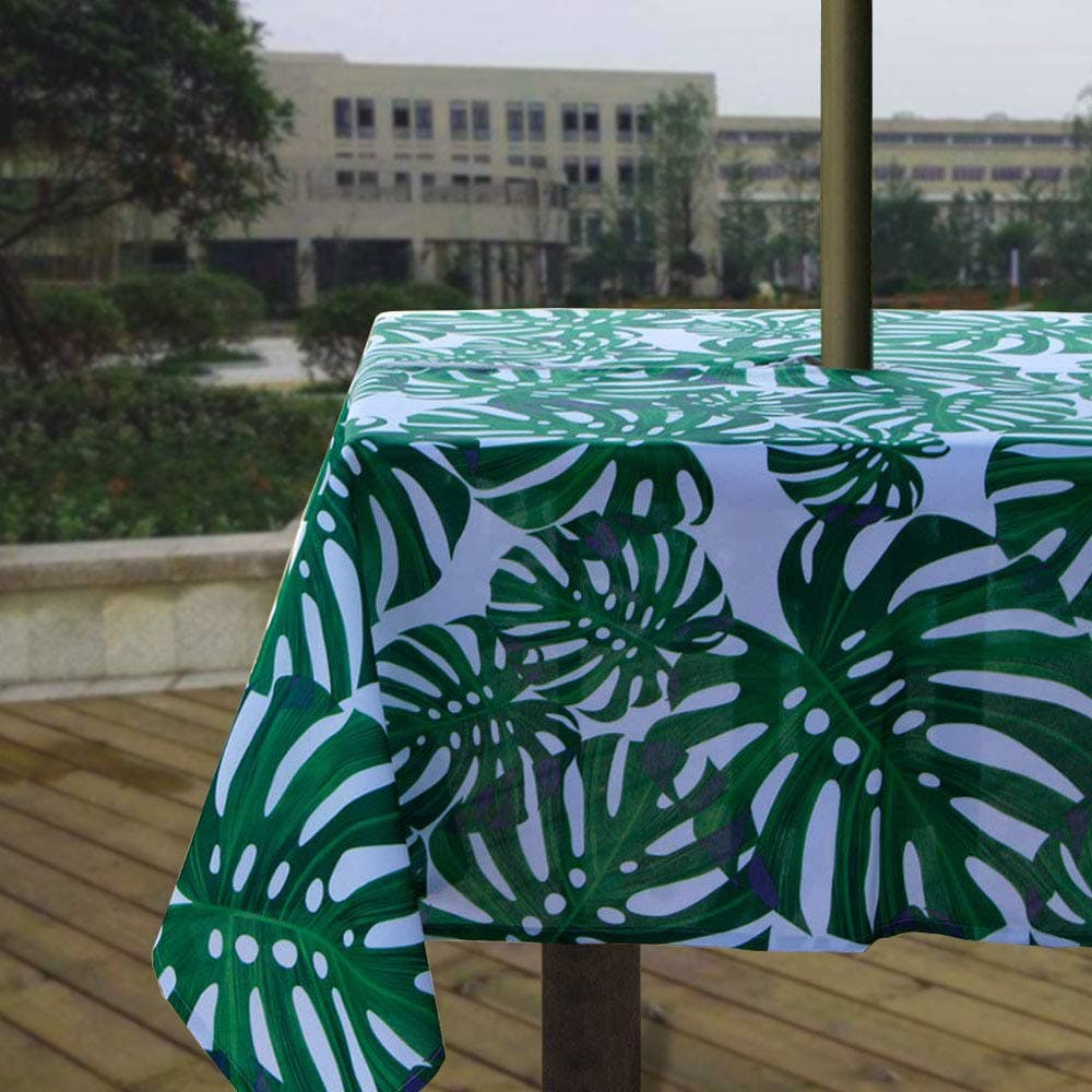 Melaluxe Spring/Summer Wrinkle-Free Waterproof Outdoor Tablecloth with Umbrella Hole and Zipper, Green Leaves, 60-Inch-by-84 Rectangle