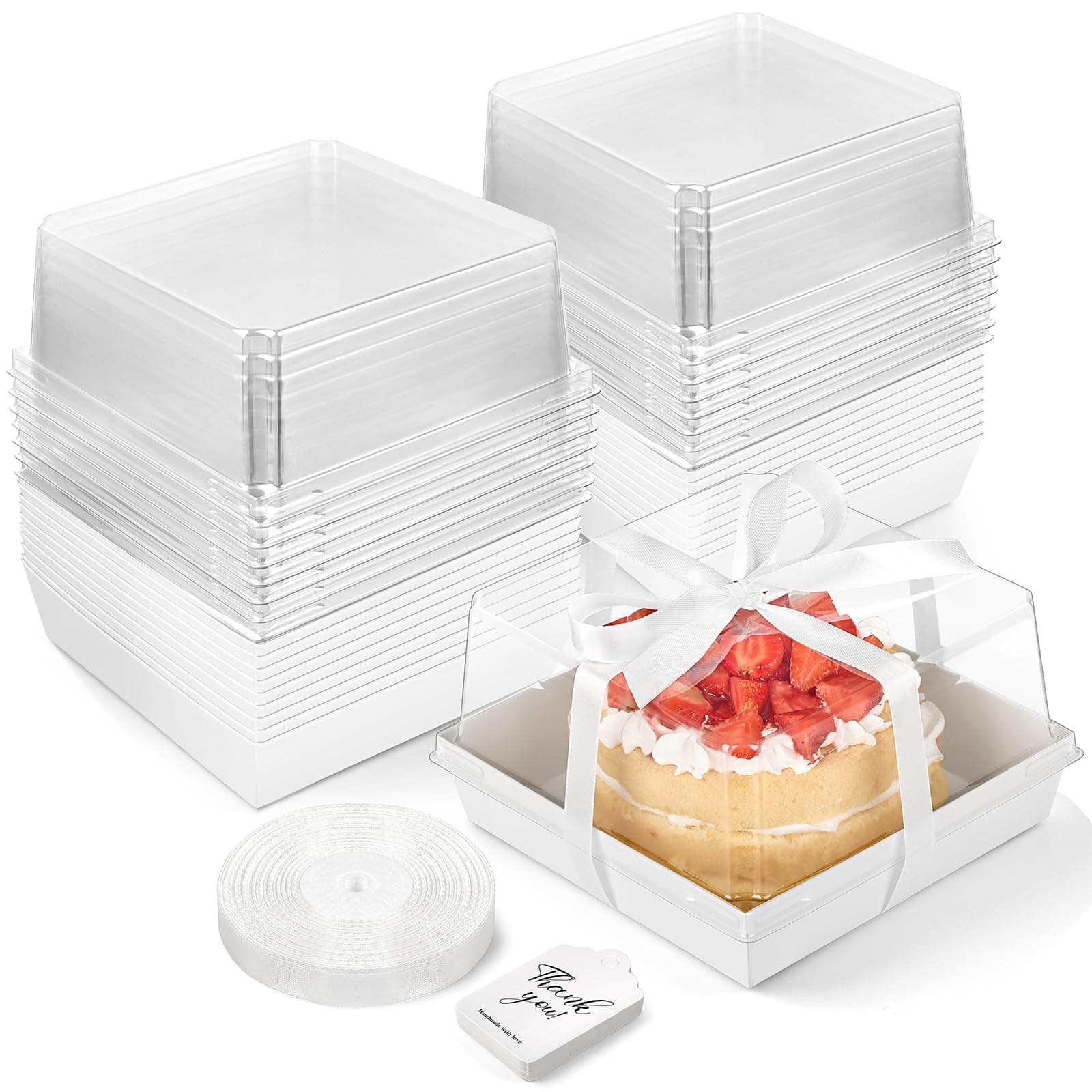 7 x 7 x 4 Inches Paper Cake Boxes with Clear Lids, 20 Pack Disposable Charcuterie Boxes Square Food Containers for 4-6 Inch Cake, Dessert, Pie, Cupcake, Bakery (White)