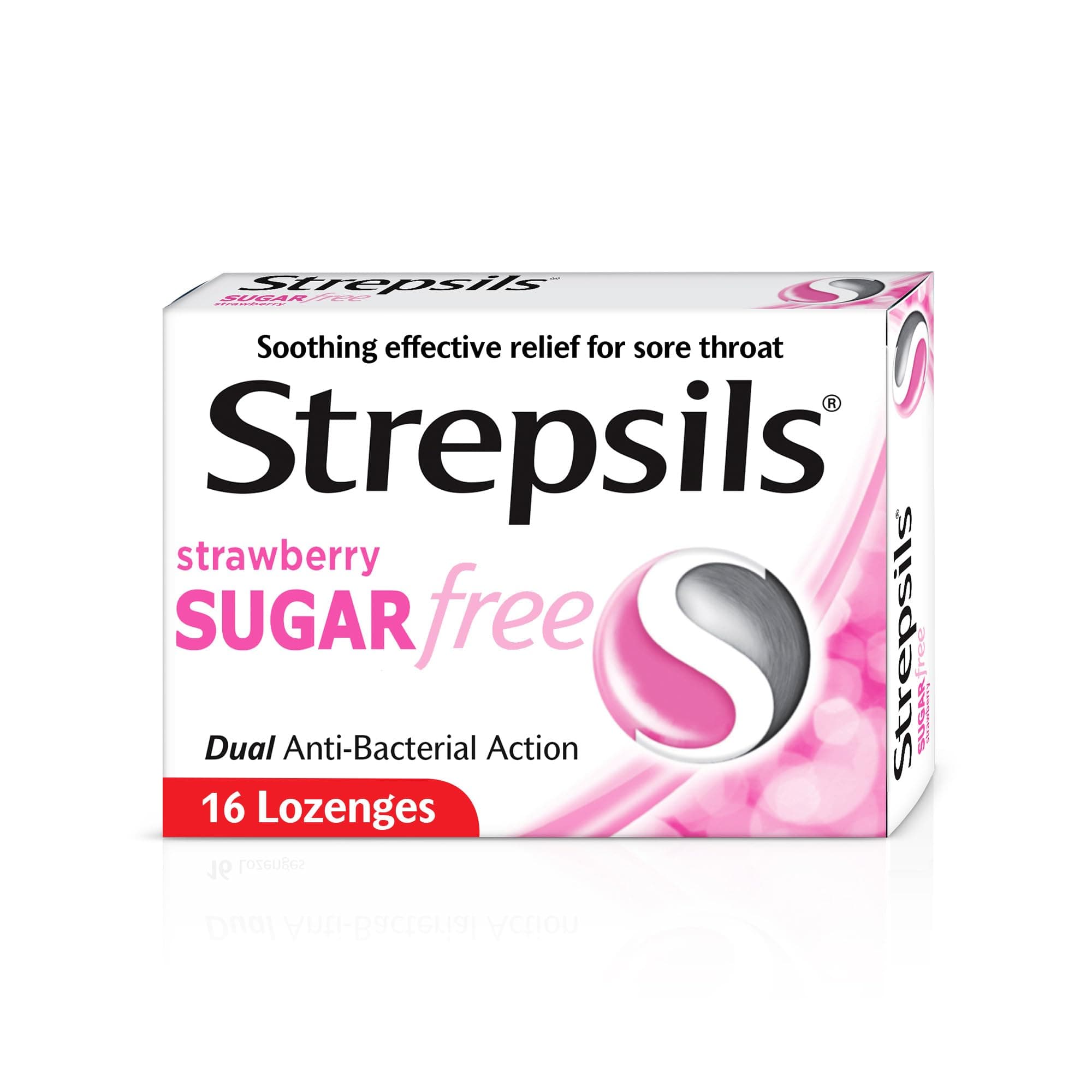 Strepsils Strawberry Sugar Free, Soothing Effective Relief from Sore Throats, 16 Lozenges
