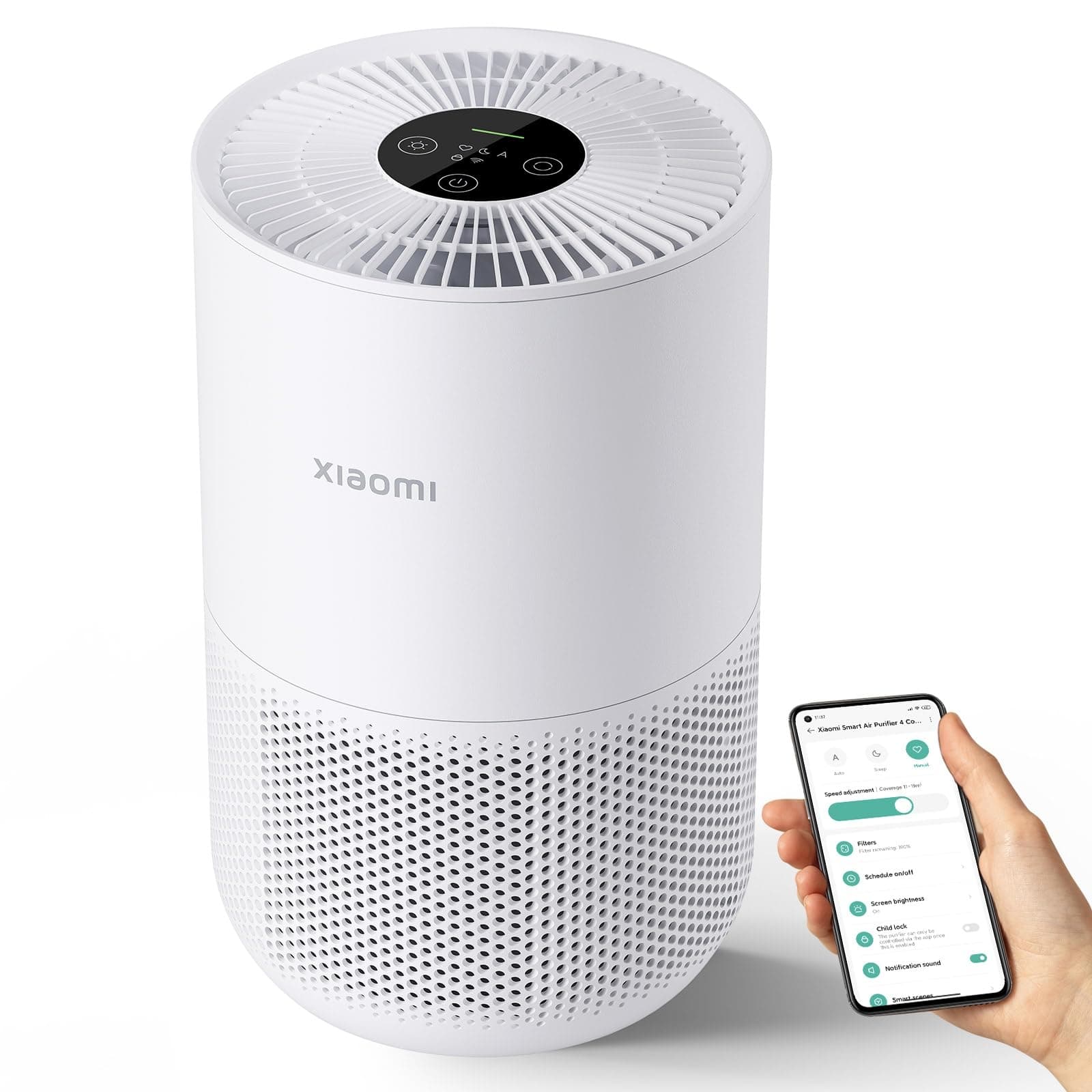 Mi Air Purifier 4 Compact, True HEPA H13 3-Stage Filter System Removes 99.97% of Pollutants as small as 0.3 microns, Smart Home Integration, Whisper Quiet, Just 0.9KW/day, OLED Touch Display