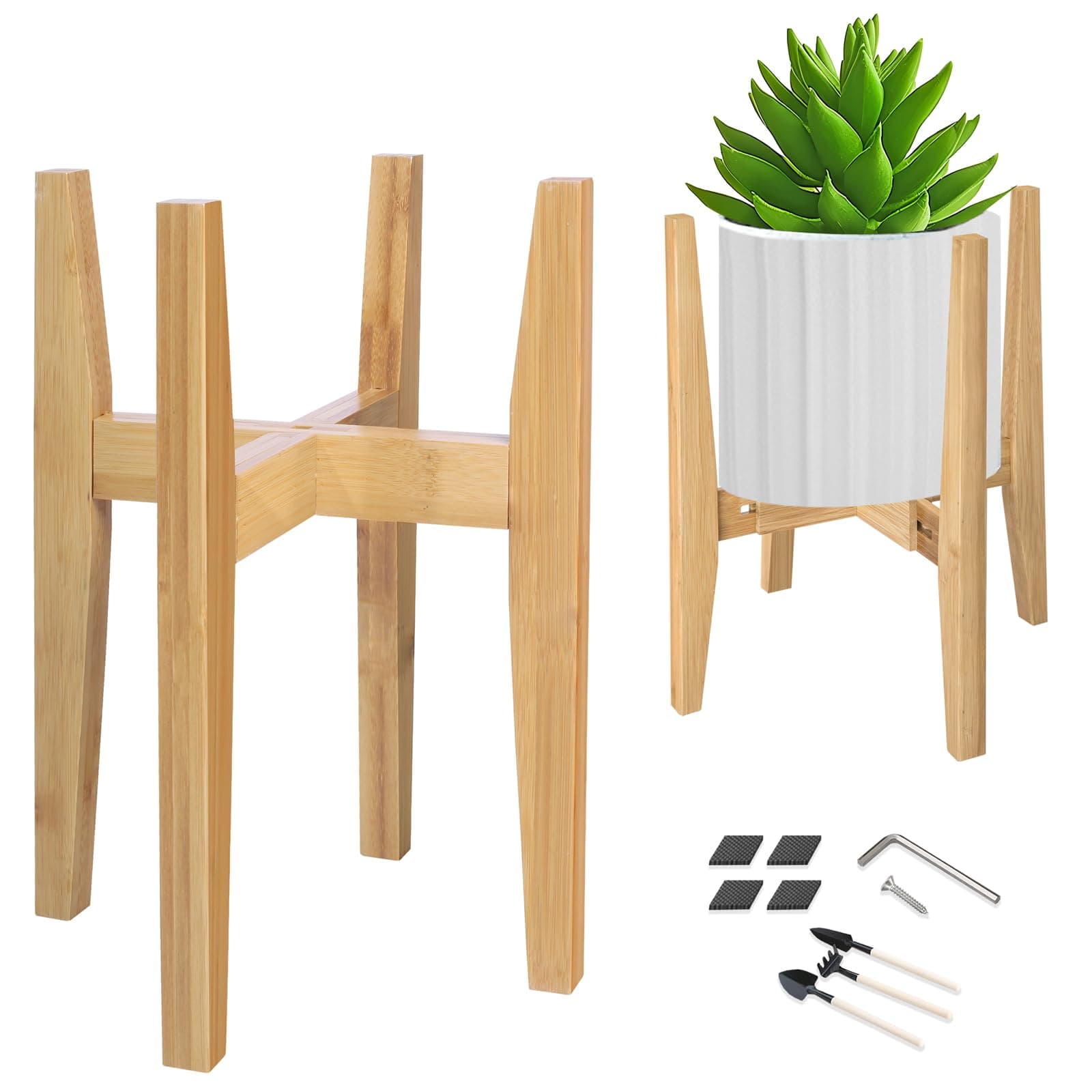 OERGKE Adjustable Plant Stand Indoor, Bamboo Mid Century Modern Plants Stands, Corner Flower Holder for Living Room, Fits 8 to 12 Inches Pots, (Pot & Plant Not Included)(Nature, 1 Pack)