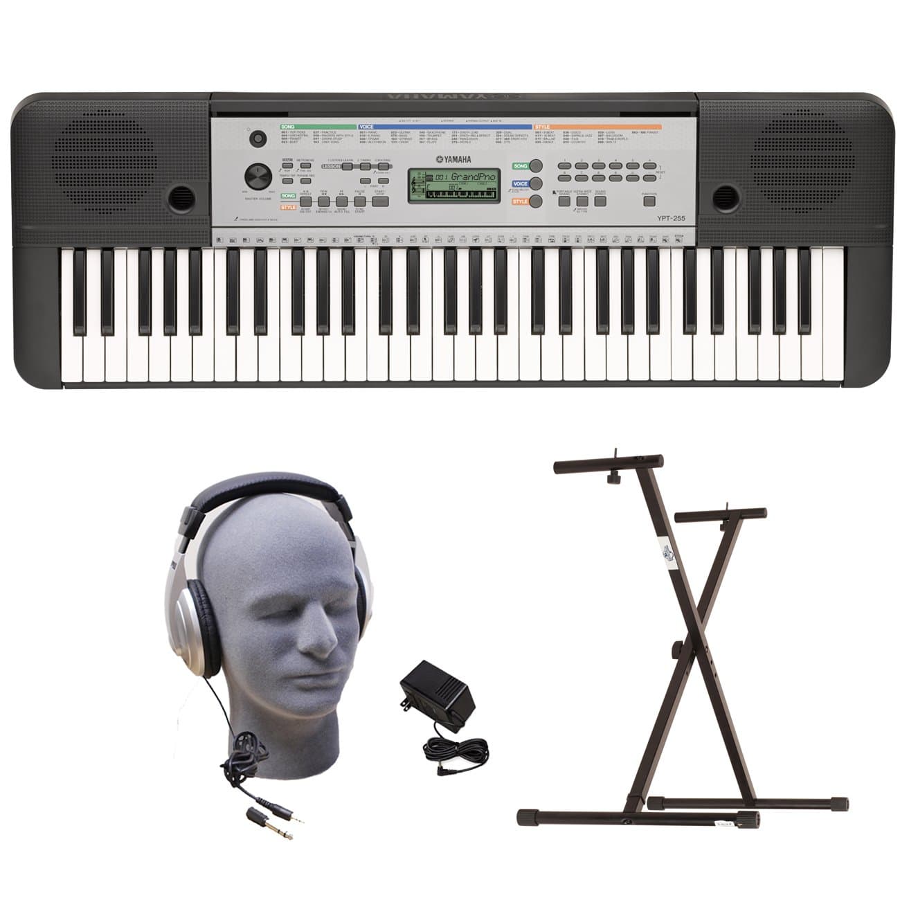 Yamaha YPT255 61-Key Keyboard Pack with Headphones, Power Supply, and Secure Bolt-On Stand