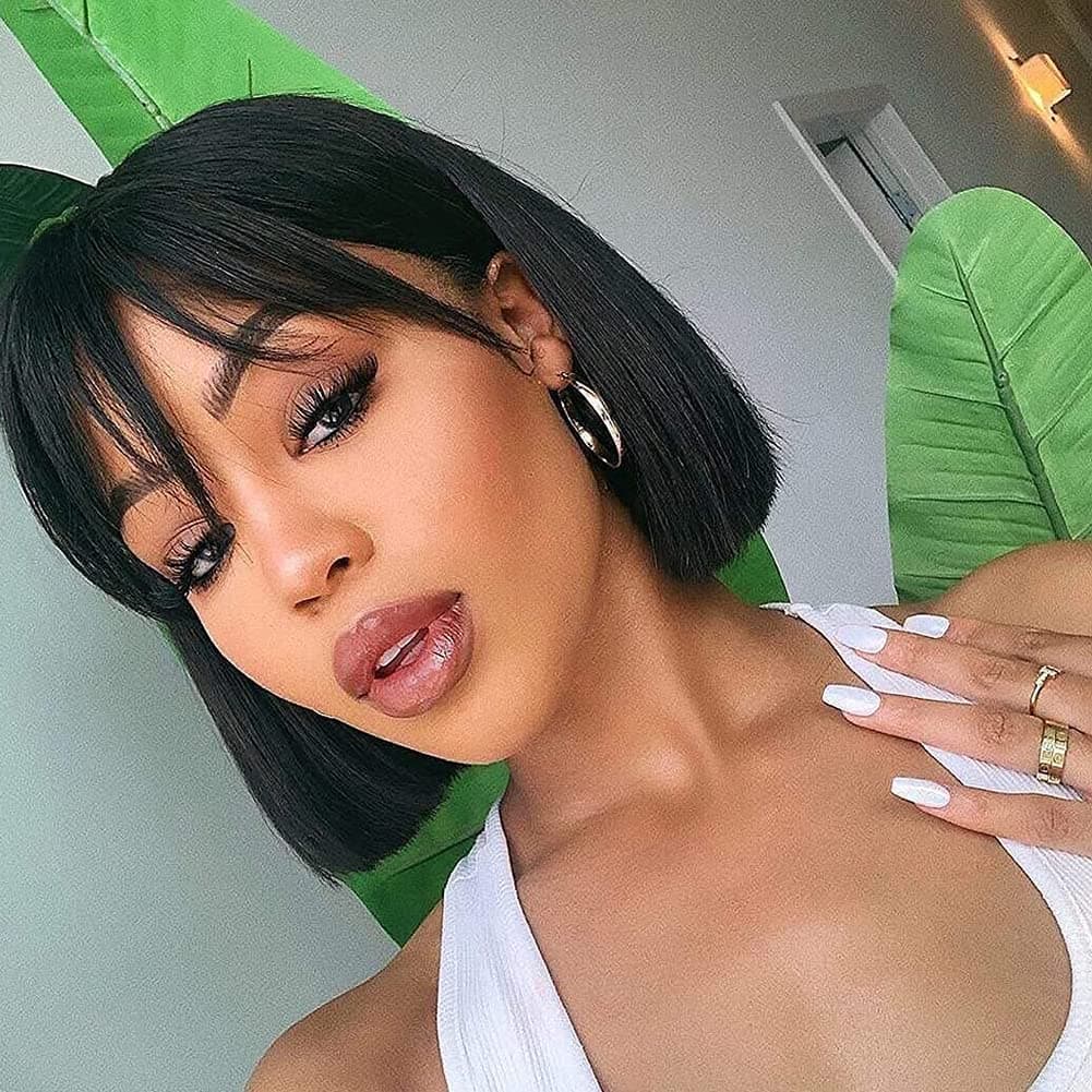 Royal Lady Brazilian Virgin Straight Short Bob Wigs with Bangs None Lace Front Wigs Machine Made Bob Human Hair Wigs with Bangs for Black Women Natural Color (10inch)