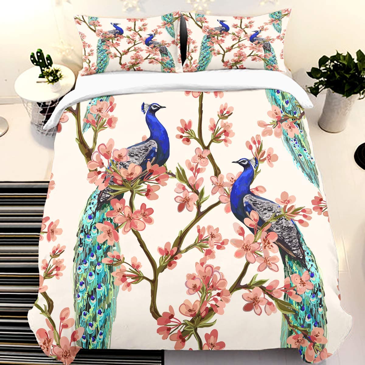3D Printed Peacock Flower Pattern Bedding Set for Girls Adults,Peacock Feather Duvet Cover with 2 Pillowcases,Animal Birds Microfiber Comforter Cover with Zipper Closure Double 200x200cm