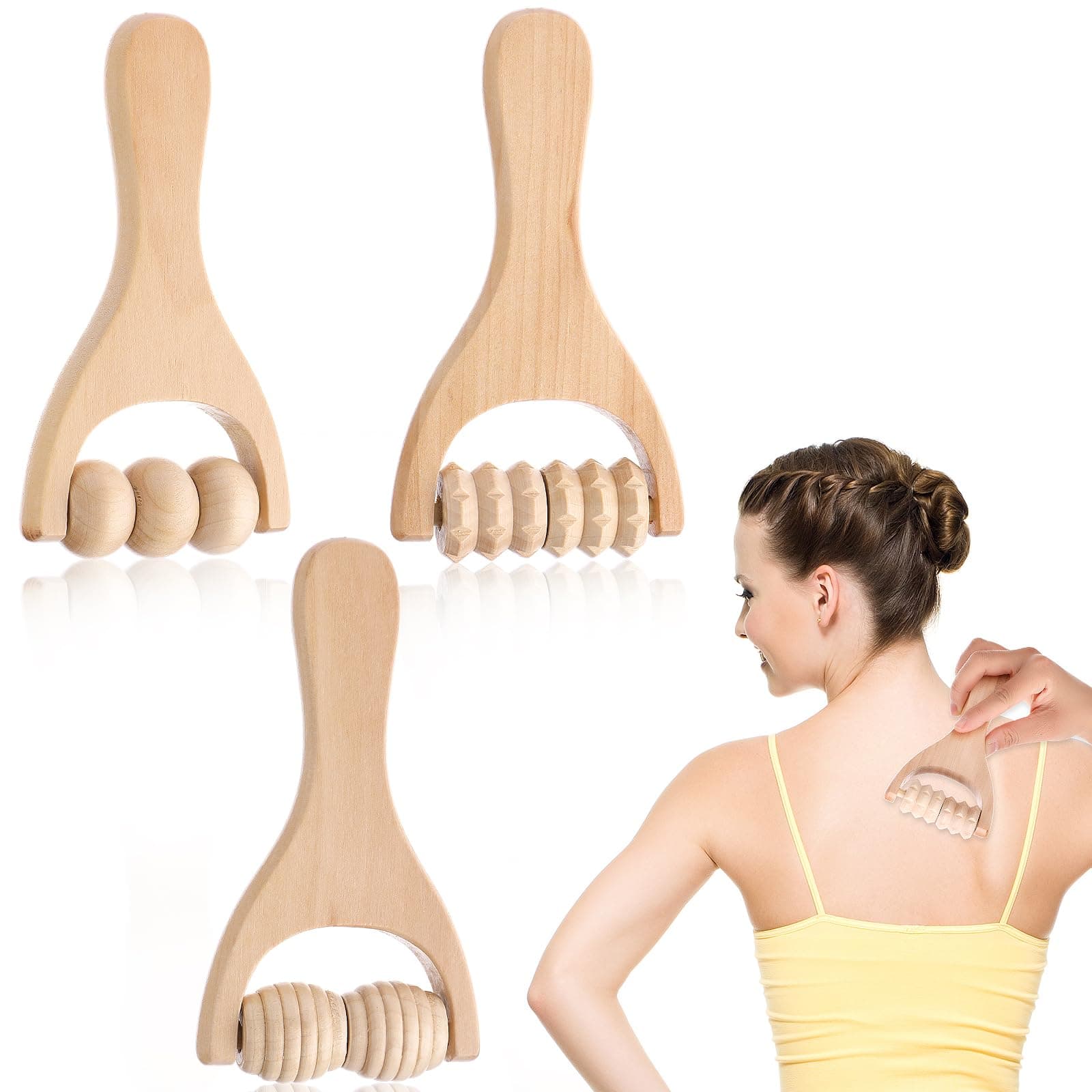 3Pcs Wooden Hand Massage Roller, Muscle Roller Stick, Manual Wood Therapy Massage Tools Massager Roller, for Relaxes Thigh, Leg, Hands Full Body Muscle Men Women