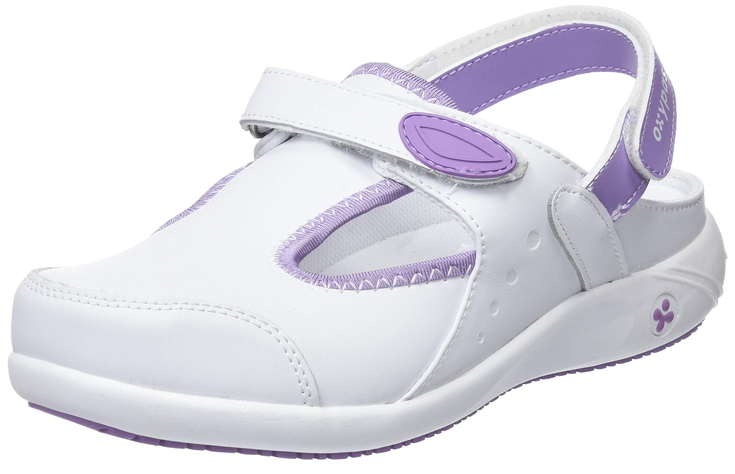Safety Jogger Clogs for Women - Lightweight Leather Work Shoe, Ideal for Hospital, Kitchen or Garden, Slip Resistant and Shock Absorbing Comfortable Clog, Oxypas Carin White/Purple, 5 UK 38 EU
