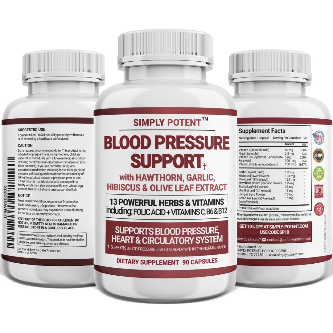 Blood Pressure Support Supplements - Healthy Heart, Cholesterol, Cardio, Hypertension, High BP - 13 Vitamins & Herbs - Folic Acid, Vitamins C B6 & B12, Hawthorn Olive Leaf Garlic Hibiscus, 90 Capsule