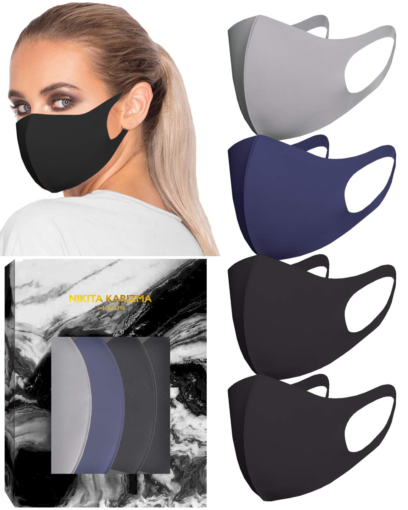 Styling Essentials Cloth Face Mask. 4 Buttery Soft Masks Washable Fabric. (Twilight) Navy, Grey and 2x Black Face Mask Reusable. Fabric Face Mask 4 Pieces