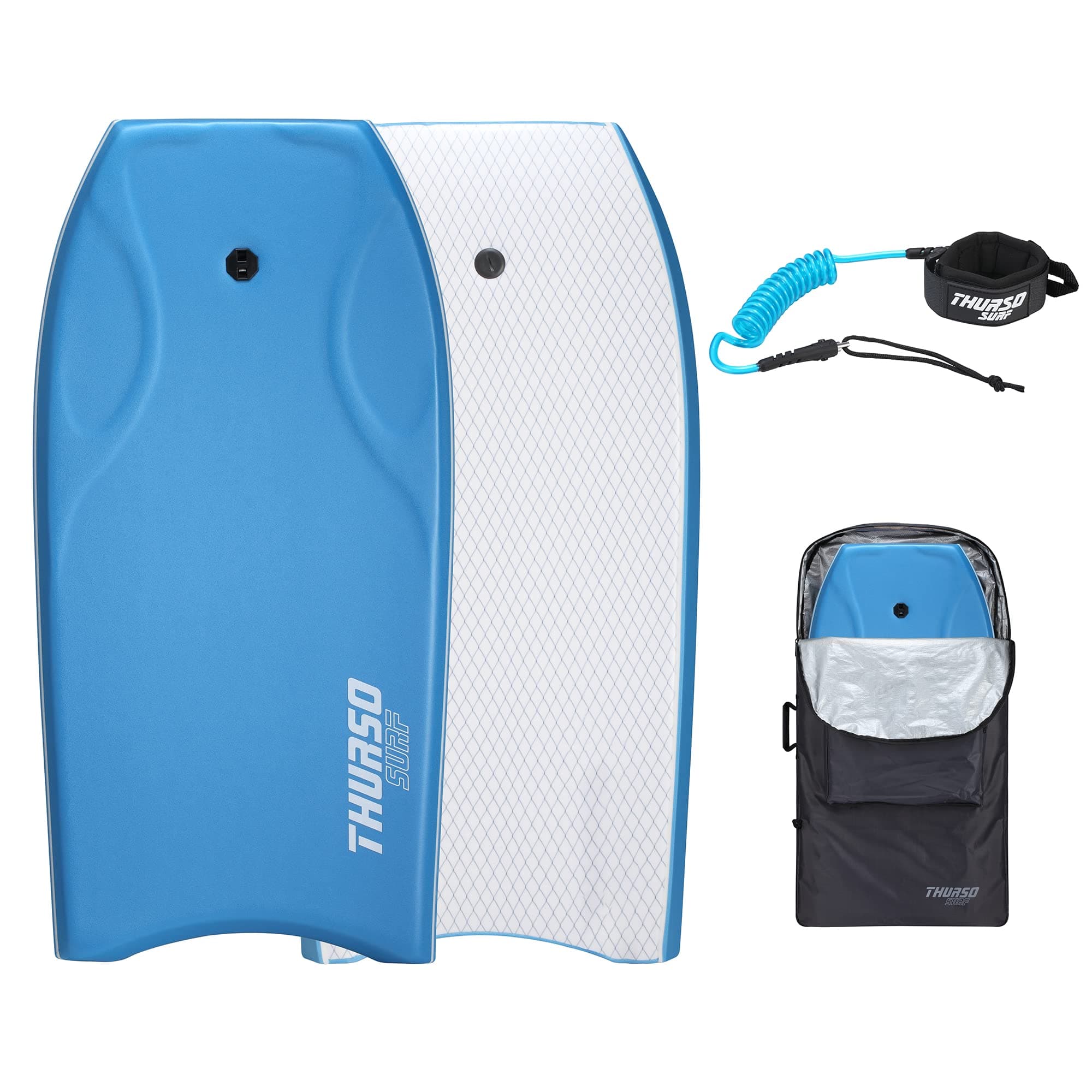 THURSO SURF Lightning 42'' Bodyboard Package PE Core IXPE Deck HDPE Slick Bottom Durable Lightweight Includes Double Stainless Steel Swivels Leash and LUX Bodyboard Bag (Azure)