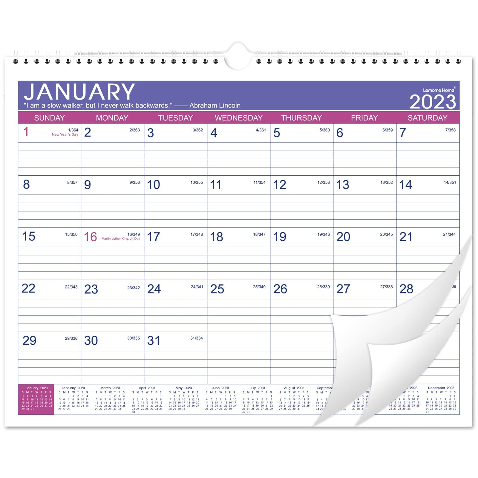 Calendar 2023-2023 Calendar, January. 2023 - Dec. 2023, 12 Monthly Wall Calendar 2023 with Thick Paper, 15" x 11.5", Twin-Wire Binding + Hanging Hook + Ruled Blocks with Julian Date - Purple