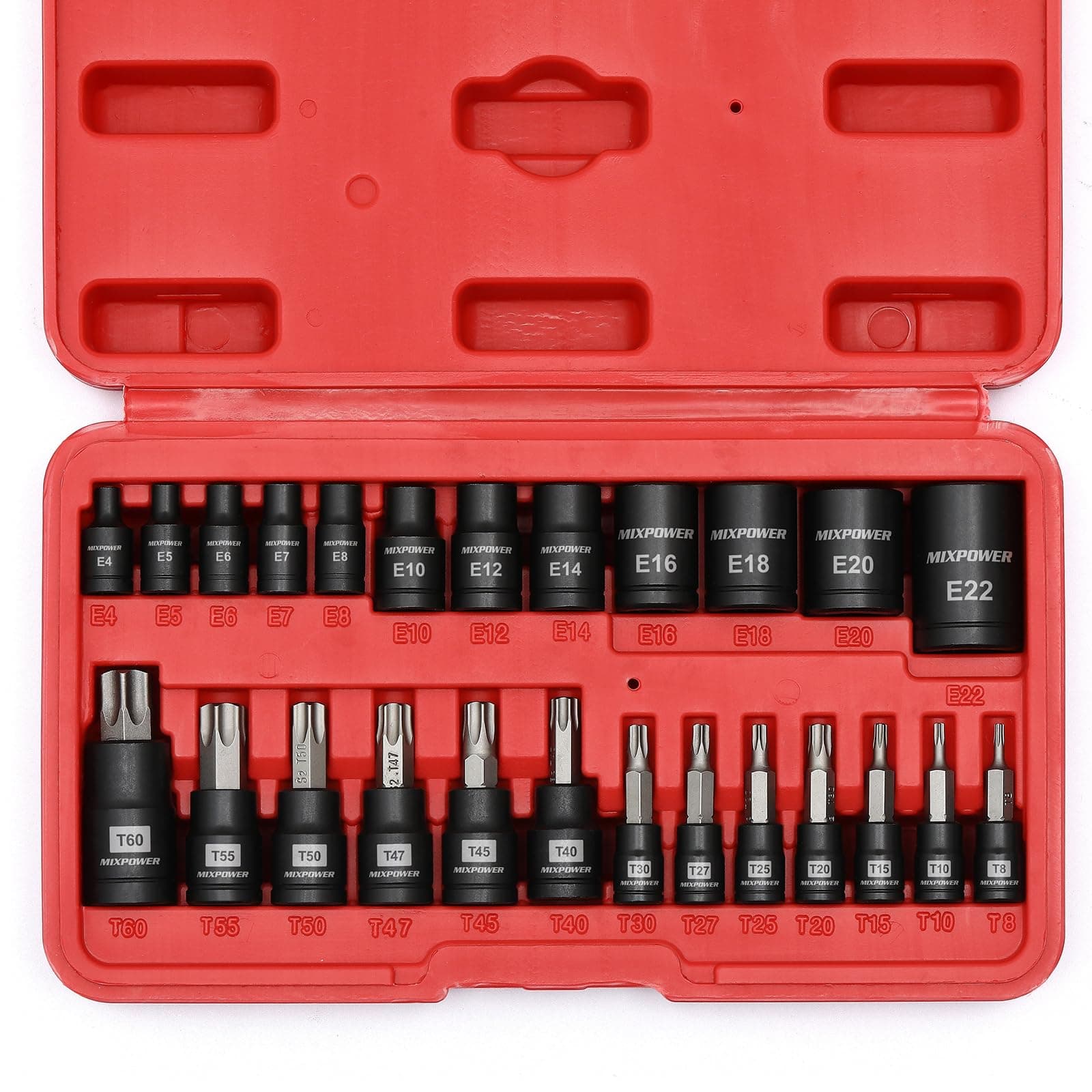 MIXPOWER 25-Piece Torx Bit and Female External Socket Set, 13 Star Bits (T8- T60) & 12 Female E-Torx (E4-E22), Professional Grade Auto & Motorcycle Mechanic Socket Set