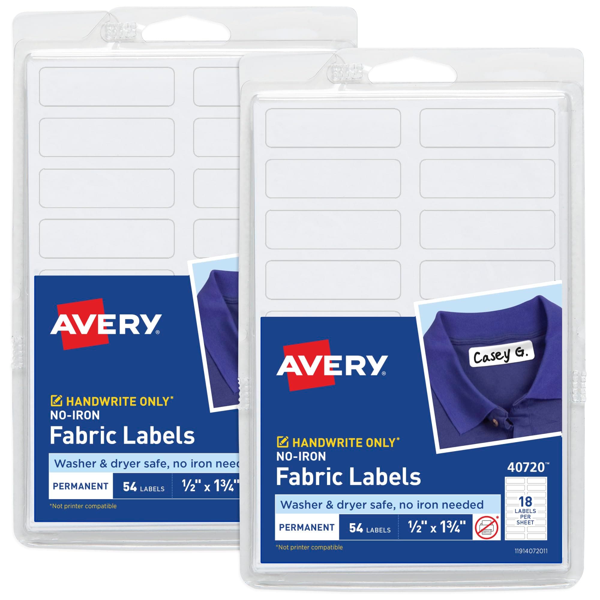 Avery No-Iron Fabric Labels, 1/2" x 1-3/4", Washer and Dryer-Safe, White, Non-Printable, 54 Labels Per Pack, 108 Total (2-Pack of 40720)