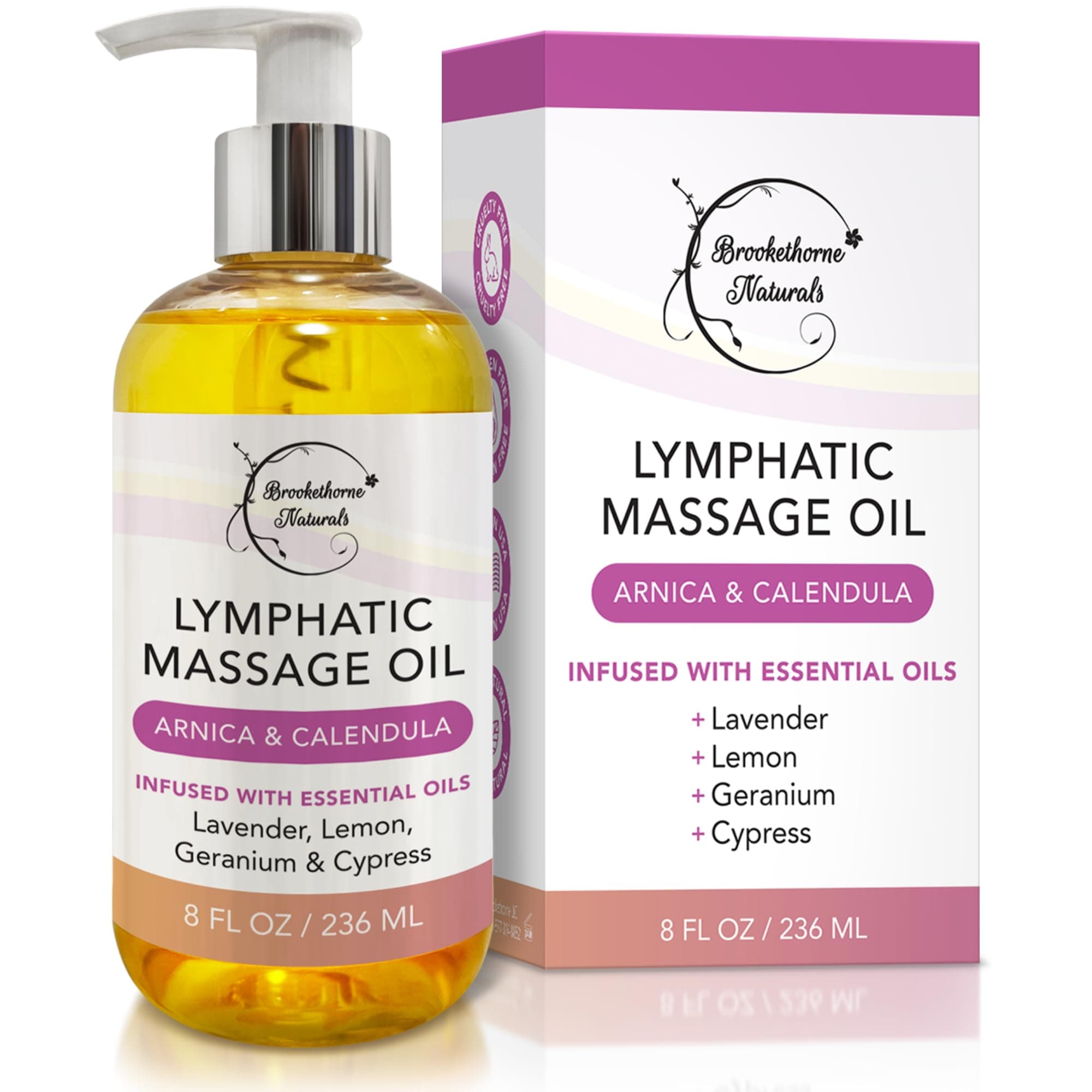 Lymphatic Massage Oil for Massage Therapy & Natural Lymphatic Drainage | Premium Quality with Arnica & Lavender Oil | for Post Surgery Recovery & Detox | 8oz by Brookethorne Naturals