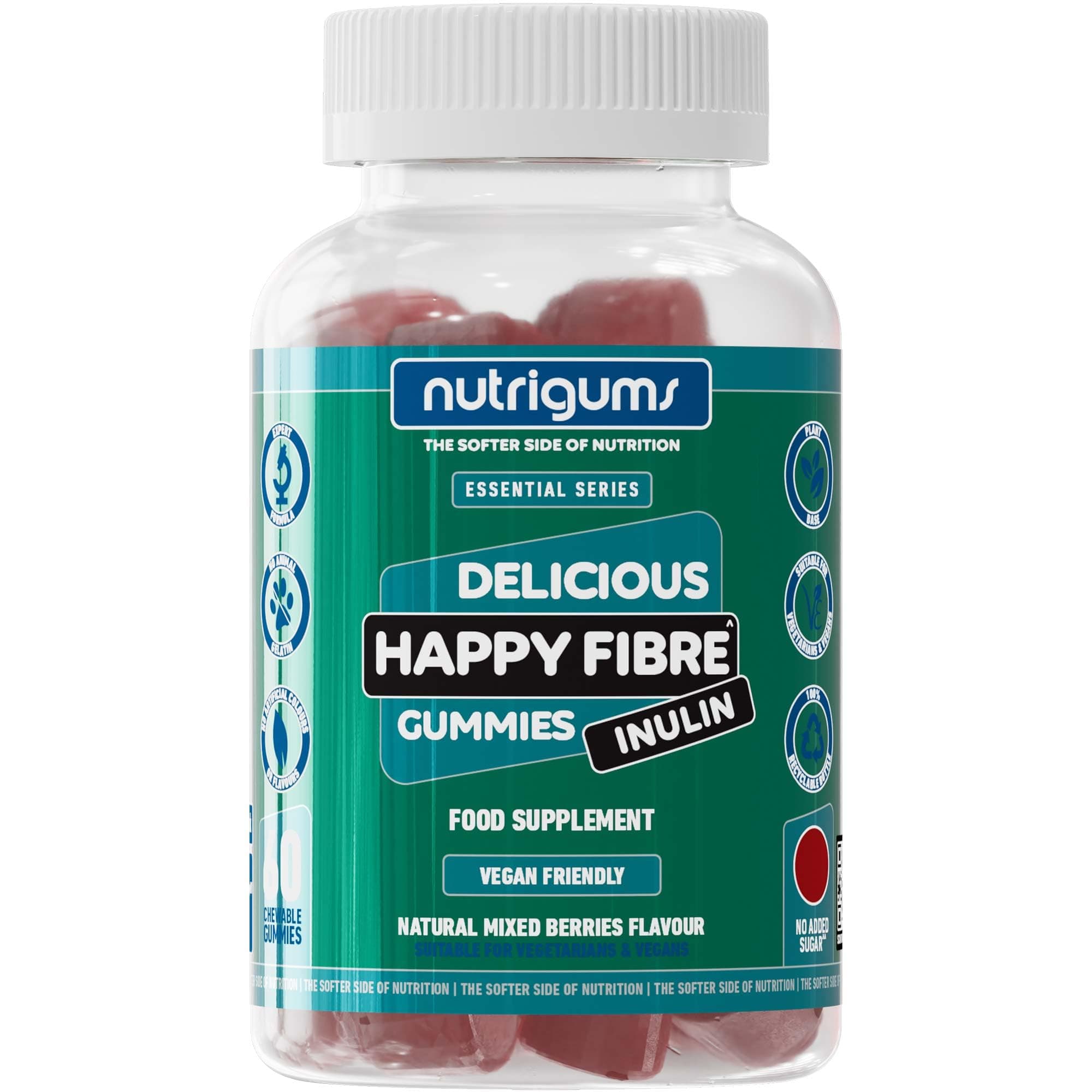Happy Fibre (Inulin) Chicory Root Prebiotic Gummy | 3.8g Fibre | Mixed Berry Flavour | 60 Vegan Gummies | No Added Sugar | Gut Health and Digestive System Support by NUTRIGUMS®