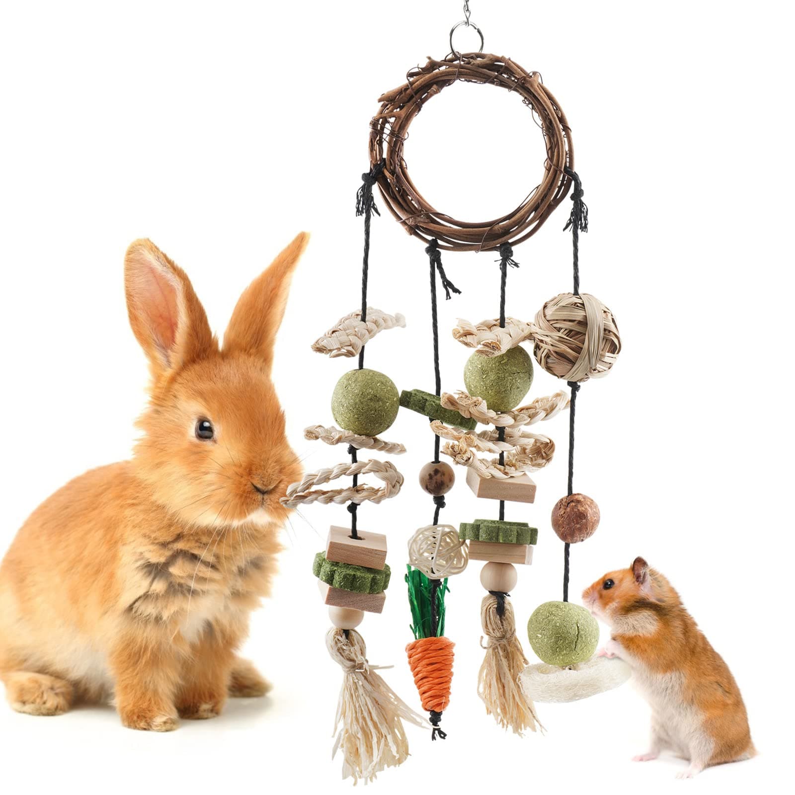Bissap Bunny Chew Toy, Rabbits Cage Hanging Chew Toys Accessories, Rattan Ring with Snacks for Guinea Pigs hillas Hamsters Rats and Other Small Pets Teeth Grinding