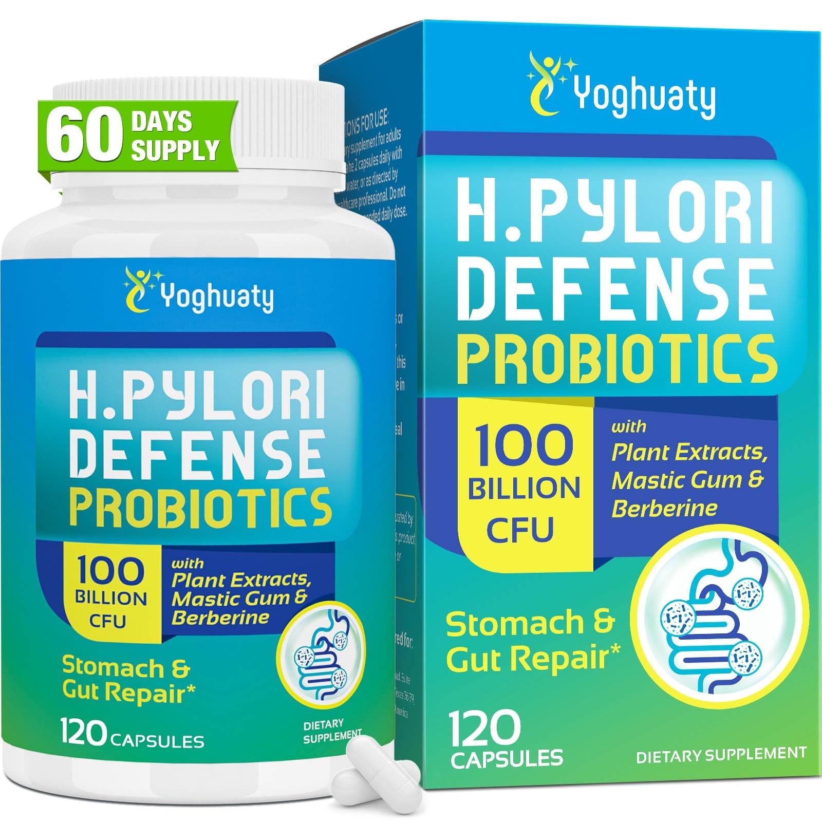 H. Pylori Defense Probiotics 100 Billion CFU - Lactobacillus Reuteri, Mastic Gum, Berberine, Zinc Carnosine, Green Tea, for Digestive & Gut Health, Stomach Comfort, Vegan, 120 Capsules