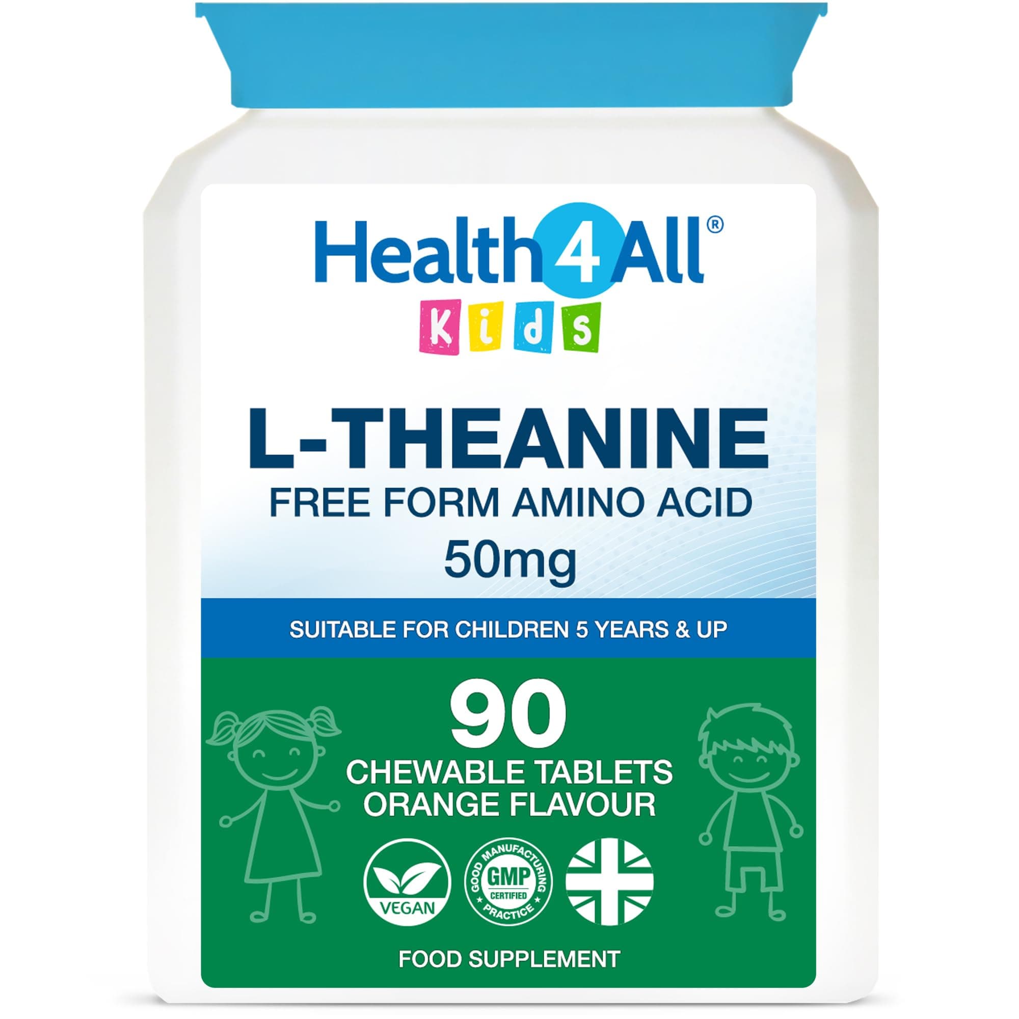 Health4All Kids L-Theanine 50mg 90 Chewable Tablets 3 Months Supply, Supports Focus, Attention & Concentration in Children, Orange Flavour Sugar-Free L-Theanine Supplement | Made in UK (not Gummies)