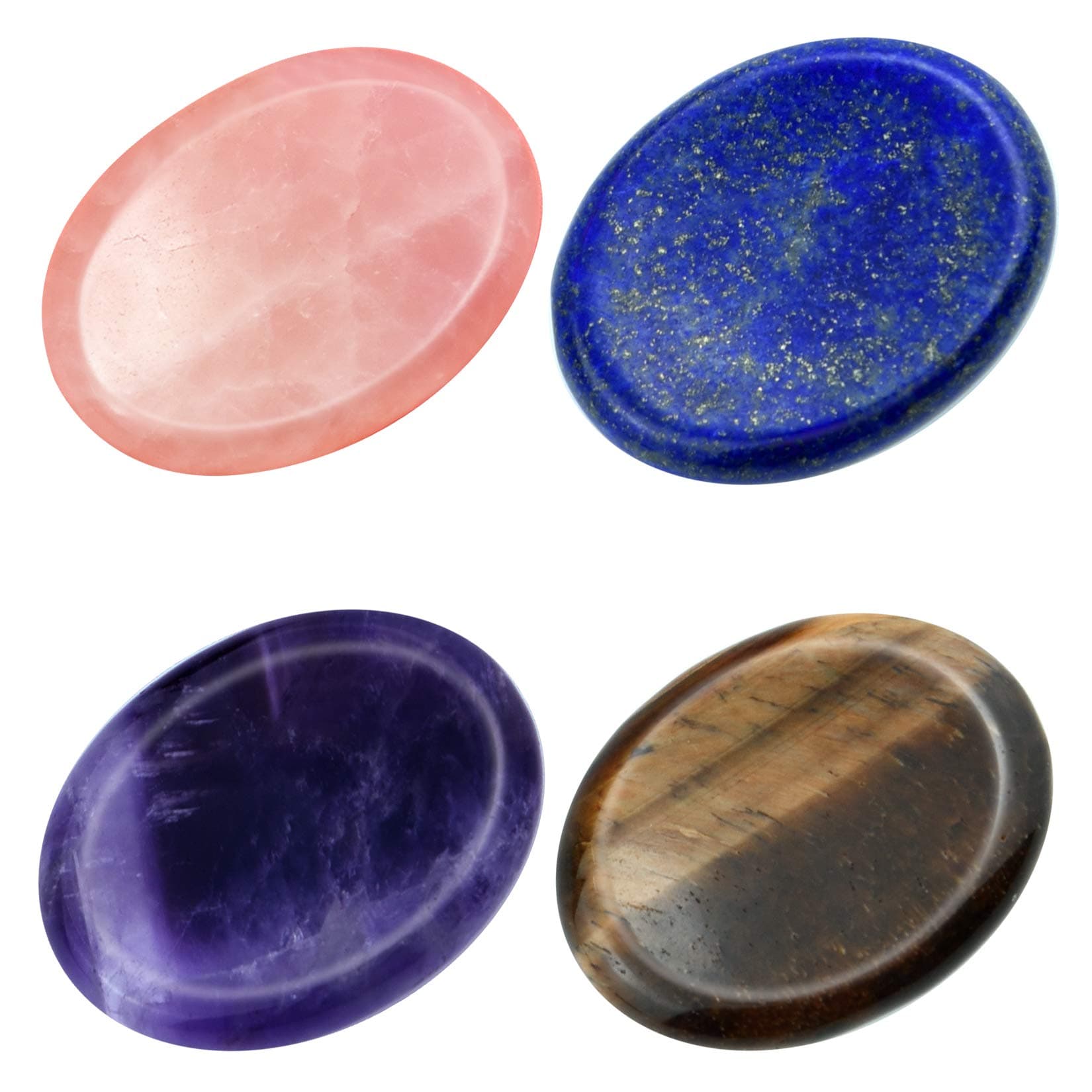 Marrywindix 4 Packs Natural Thumb Worry Stone Set Pink Crystal Amethyst Tiger Eye Lapis Lazuli for Anxiety Stress Relief Meditation Crystal Therapy