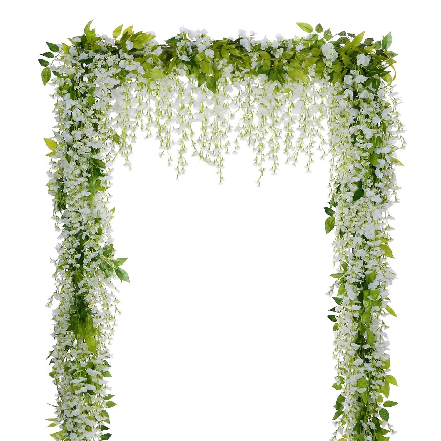 Wisteria Artificial Flowers Garland, 4Pcs Total 28.8ft White Artificial Wisteria Vine Silk Hanging Flower for Home Garden Outdoor Ceremony Wedding Arch Floral Decor