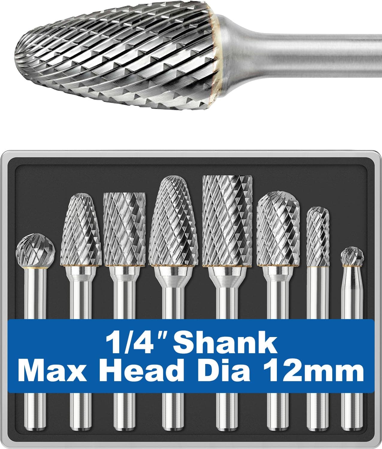 8Pcs Carbide Burr Set 1/4 Shank w/Clear Box Max Head Dia 12mm Die Grinder Bits Rotary Tools Attachment Kit Rasp Accessories Metal Wood Stone Steel Grinding Deburring Cutting Porting Carving