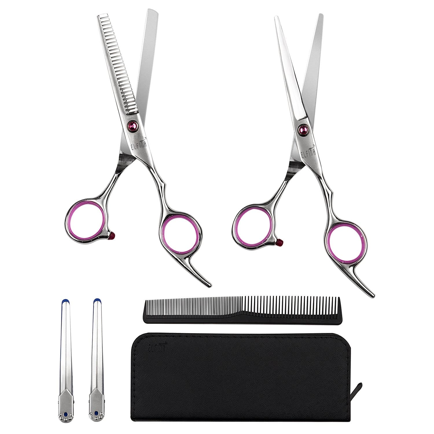 ELFINA Professional Hairdressing Scissors Kit Hair Cutting, 2-Pic Scissor + Case + 2-Pic Clip + 1 Comb, 6.0 Inch - Pink