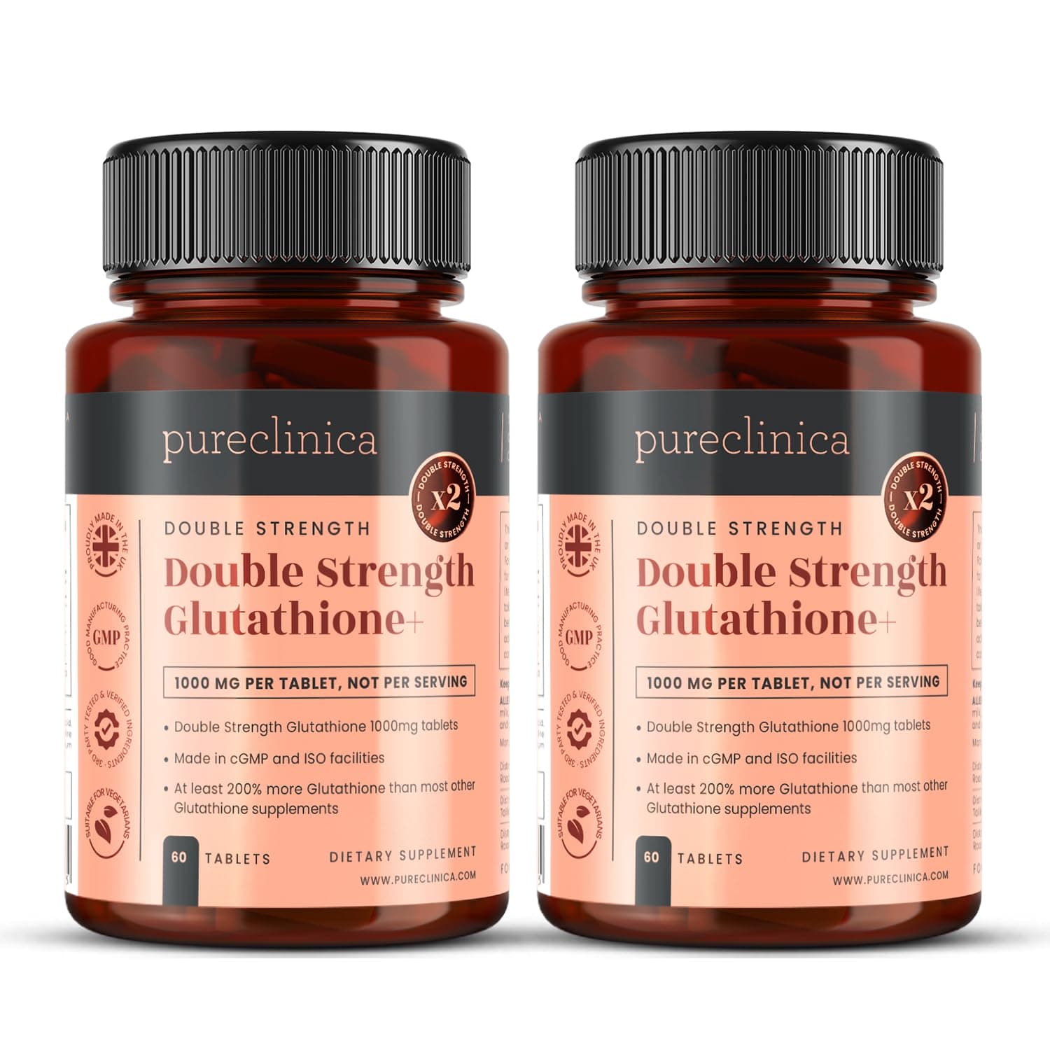 Glutathione 1000mg – 120 Tablets (2 x 60 Pack, 1-a-Day) by Pureclinica | High Strength with 500mg Glutathione, 300mg ALA & 200mg Vitamin C per Tablet | Antioxidant & Detox Support