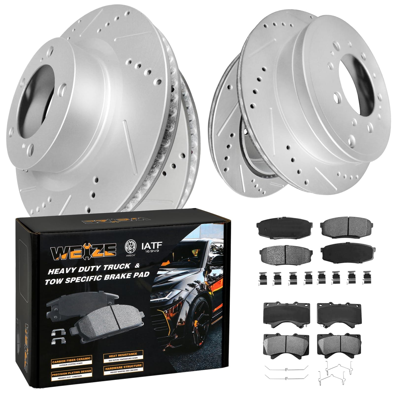 WEIZE Front and Rear Truck & Tow Brake Kit, Carbon Fiber Ceramic Brake Pads & Drilled/Slotted Brake Rotors, Fit for Toyota Tundra 2007-2021 Sequoia Land Cruiser Lexus LX570