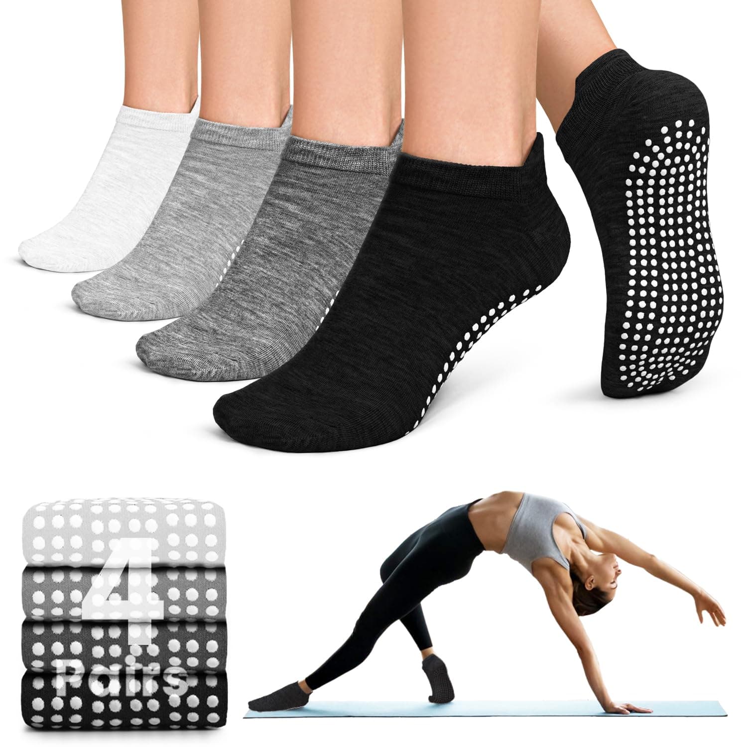 Pilates Socks for Women Non Slip Grip Socks for Yoga, Barre, Hospital, Barefoot Grippy Yoga Sock Womens Gifts 4 Pairs