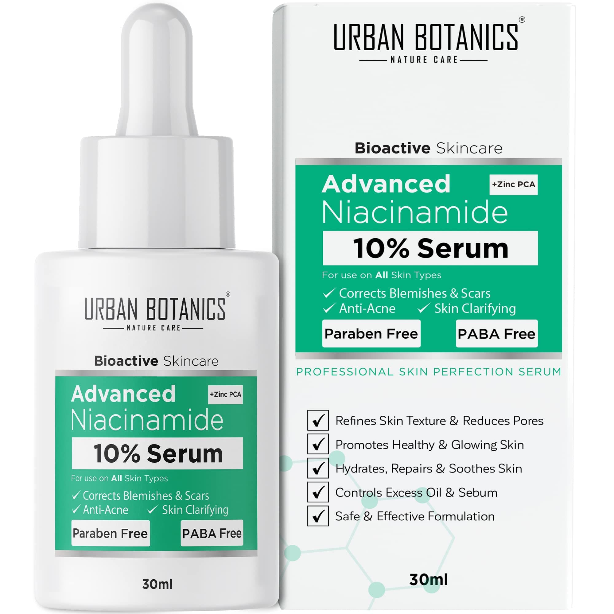 UrbanBotanics® 10% Niacinamide Face Serum for Acne, Acne Scars/Marks, Blemishes, Pigmentation & Oil Balancing with Zinc | Skin Clarifying Anti Acne Serum for Oily & Acne Prone Skin | 30ml