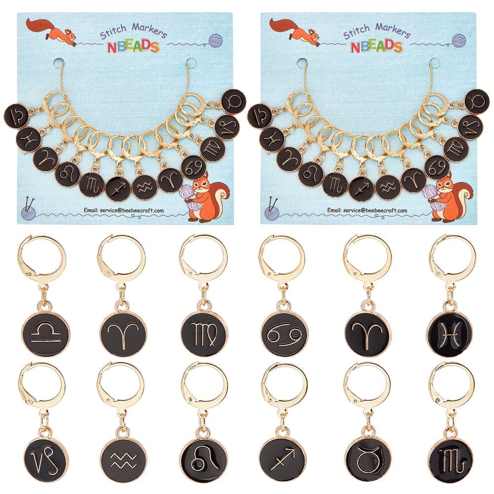 NBEADS 24 Pcs 12 Constellations Stitch Markers, Alloy Enamel Crochet Charms With 304 Stainless Steel Clasp for Accessories, Quilting, Jewelry Making, Black