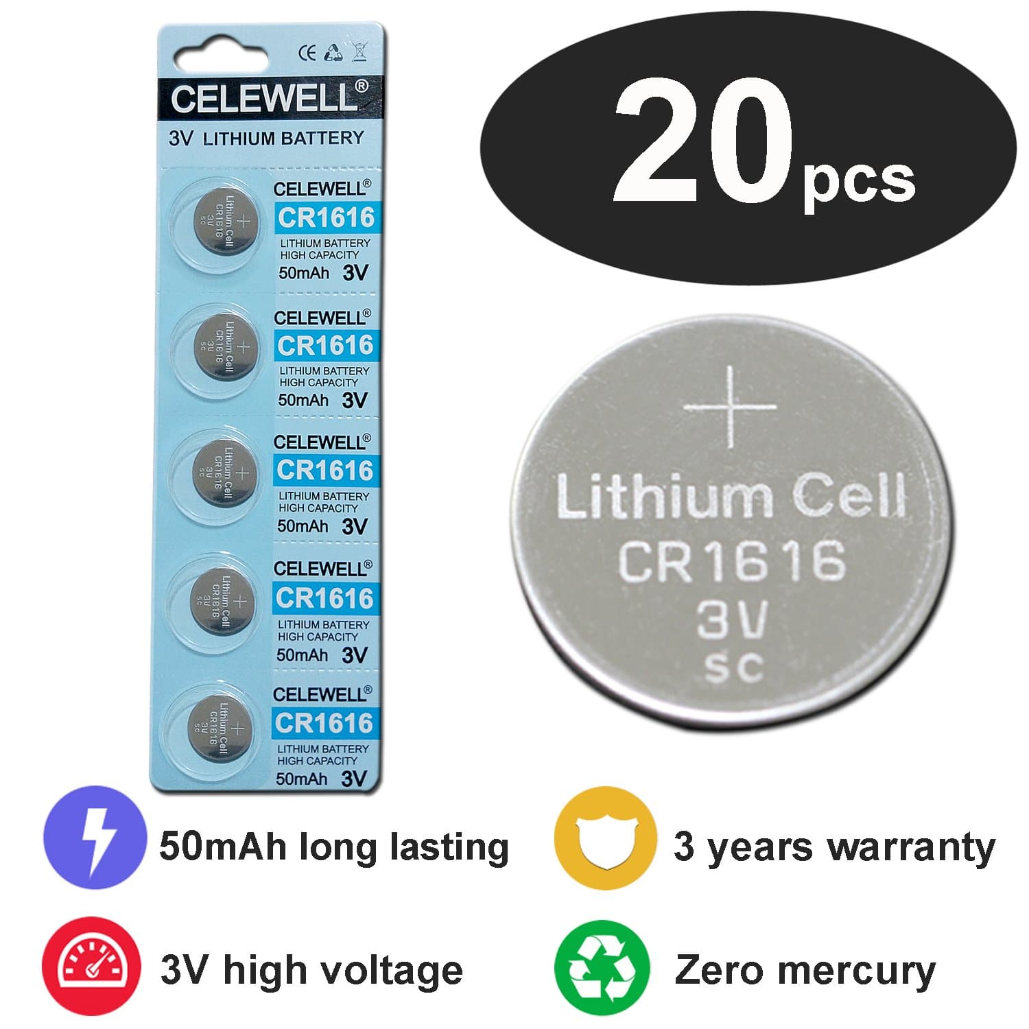 CELEWELL 20 Pack CR1616 3v Lithium Battery Bulk CR 1616 Coin Cell